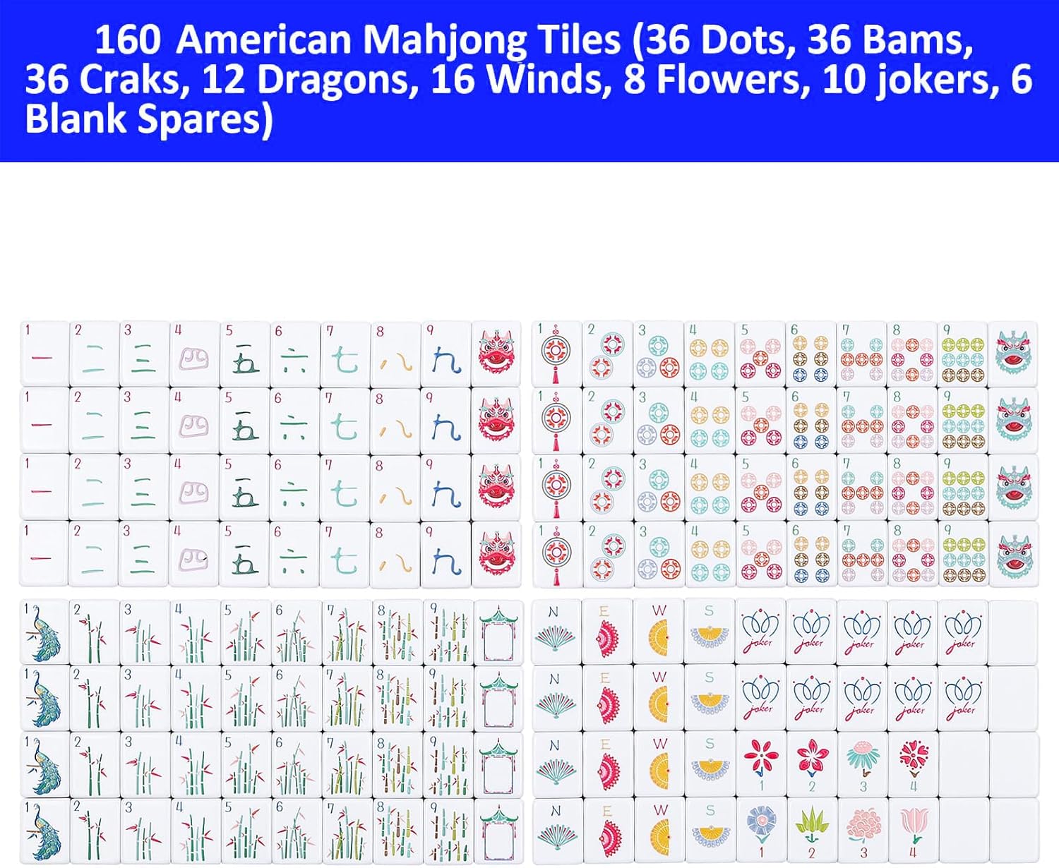 160 Deep Blue Engraved American Mahjong Game Set with Carrying Bag and Accessories, 1.2’’ Mahjong Tile Set