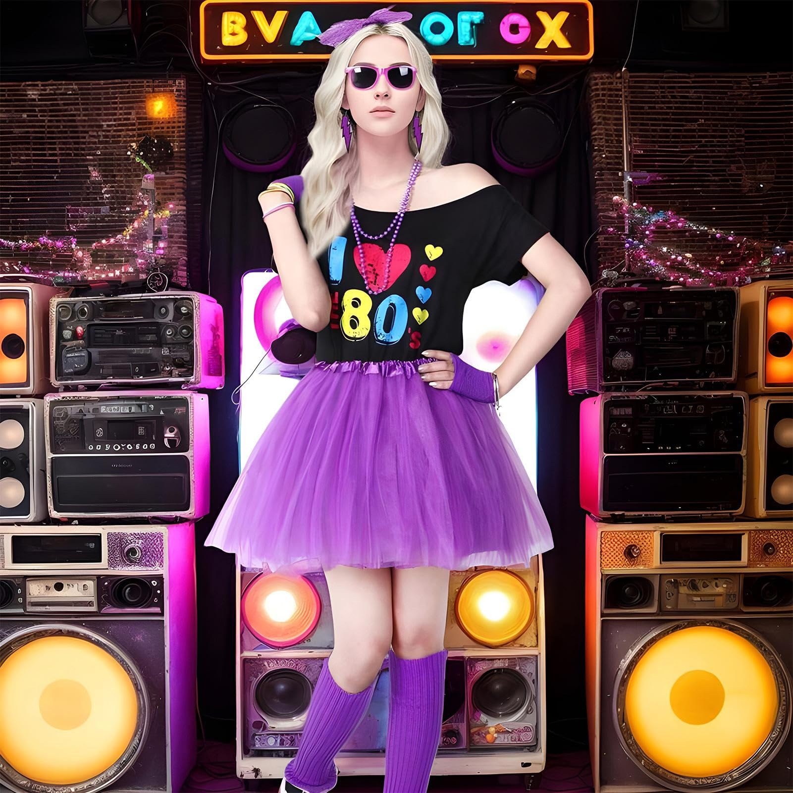 Conjunto genérico de traje de mujer de los años 80 para mujer, traje de mujer de los años 80, guantes leggings tutu falda, traje de cosplay 1980, top con hombros descubiertos, conjunto de accesorios