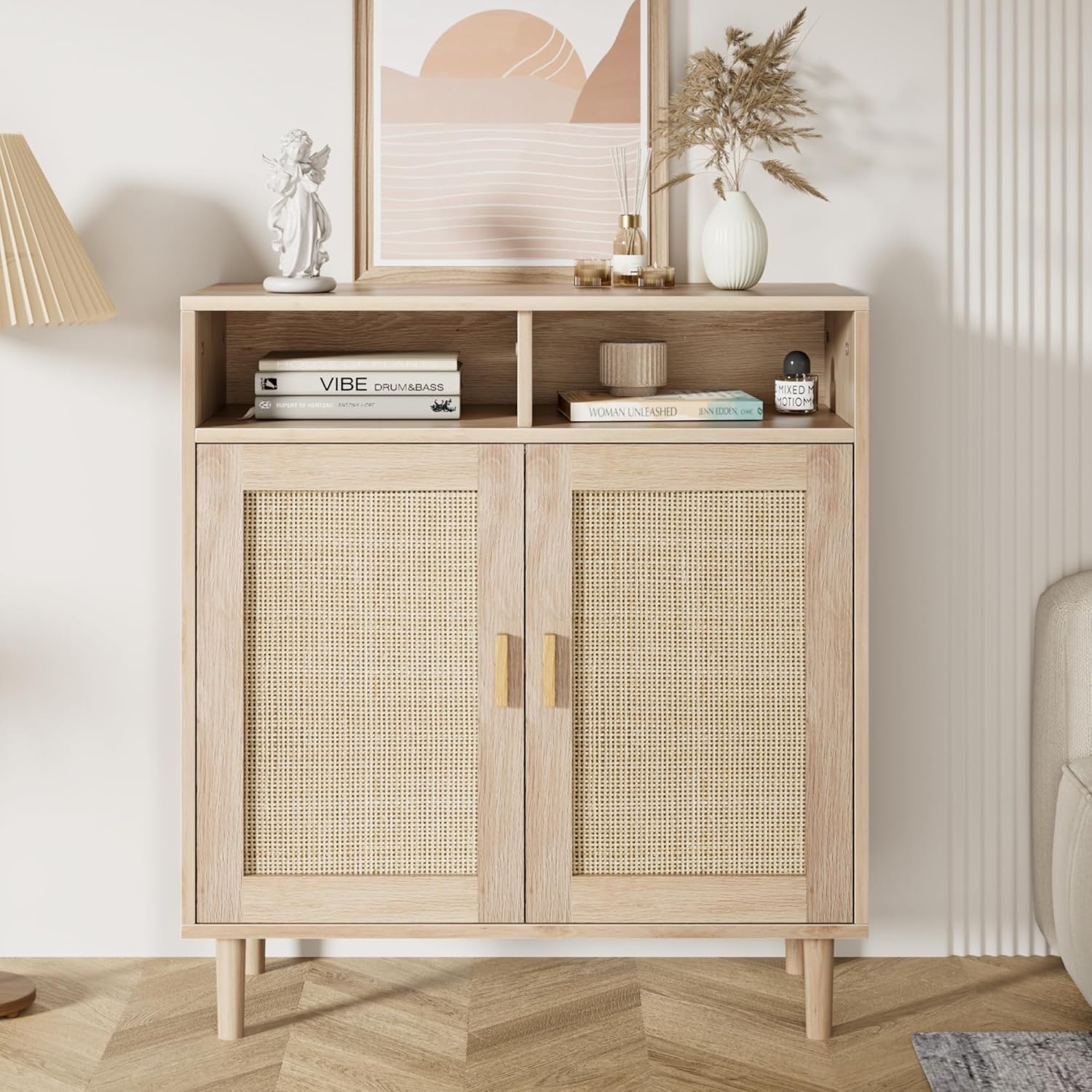 Set of 2 Sideboard Buffet Cabinet, Rattan Cabinet with 2 Doors, Accent Kitchen Storage Cabinet, Cupboard Console Table,Modern Coffee Bar Cabinet for Kitchen Dining Room Entryway Living Room, Natural