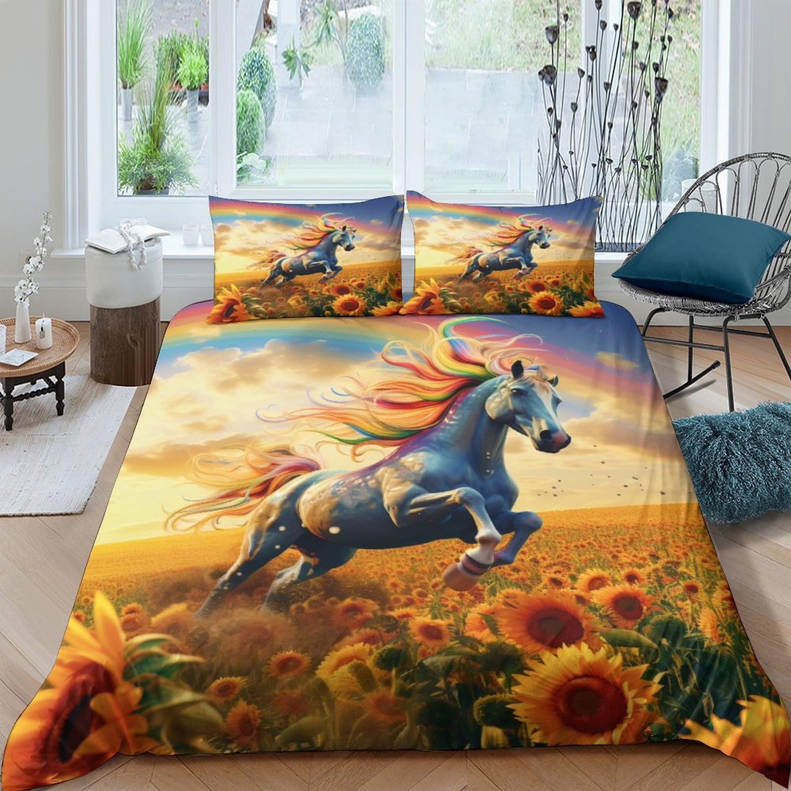 Housse de couette cheval 3D parure de lit enfant animaux mignons microfibre fermeture éclair 200x200