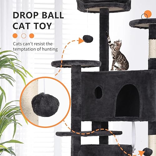 Miniatura 2 de Torre de árbol para gatos de 70 pulgadas para gatos de interior, muebles de condominio para gatos de varios niveles con poste rascador de sisal, 3