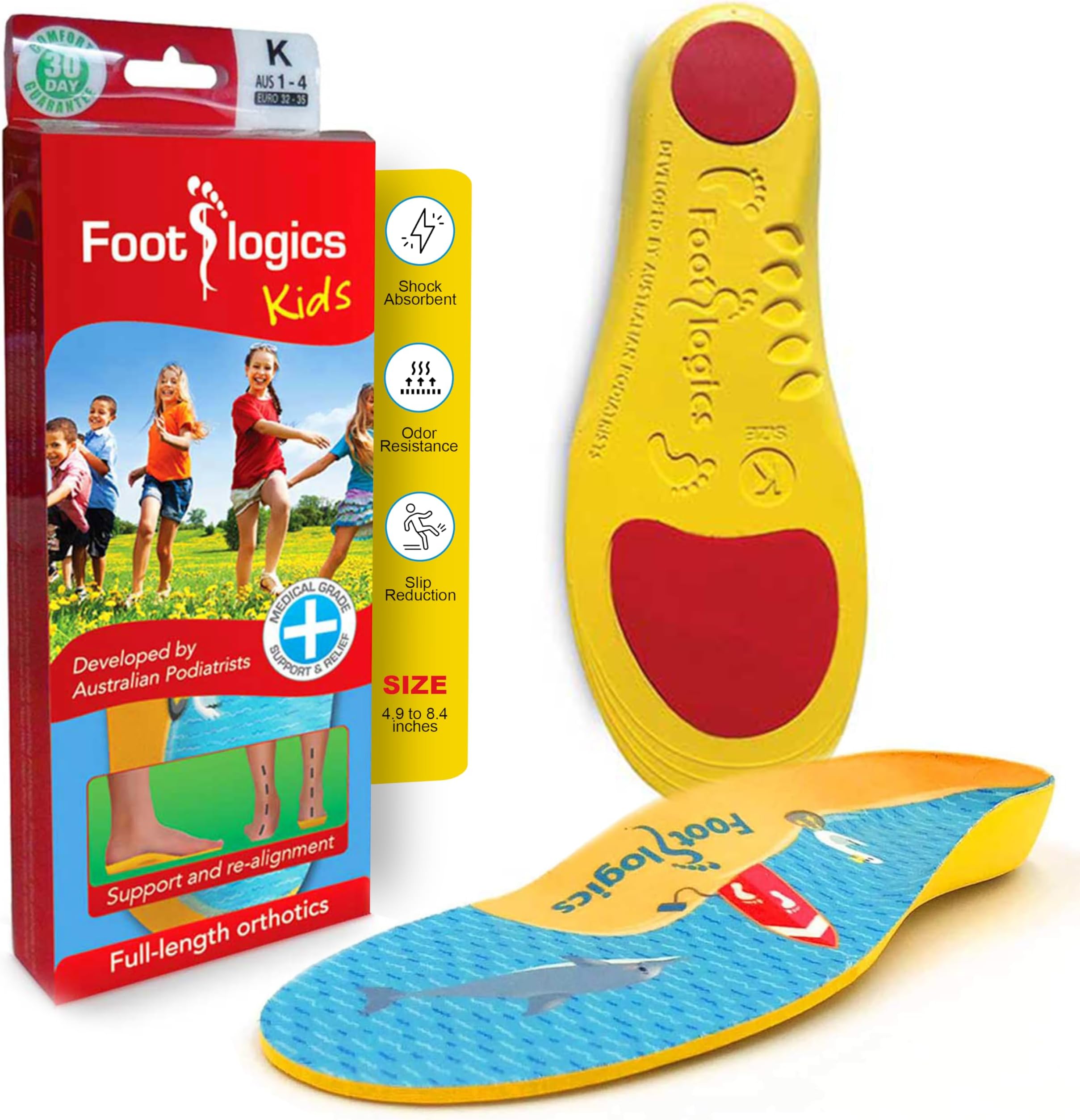 Footlogics Fun Kids Orthotic Shoe Insoles with Arch Support for Children’s Heel Pain (Sever’s Disease), Growing Pains, Flat Feet - Children’s, Pair (Small Kids 11-13, Yellow)
