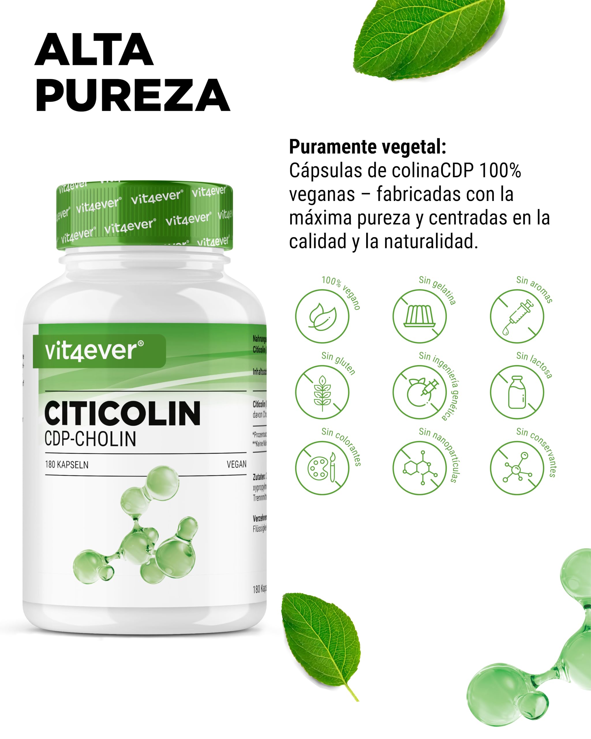 vit4ever CDP Colina (Citicolina) 250 mg - 180 Cápsulas - Alta Dosificación y Forma Bioactiva de Colina - Vegano, sin aditivos innecesarios