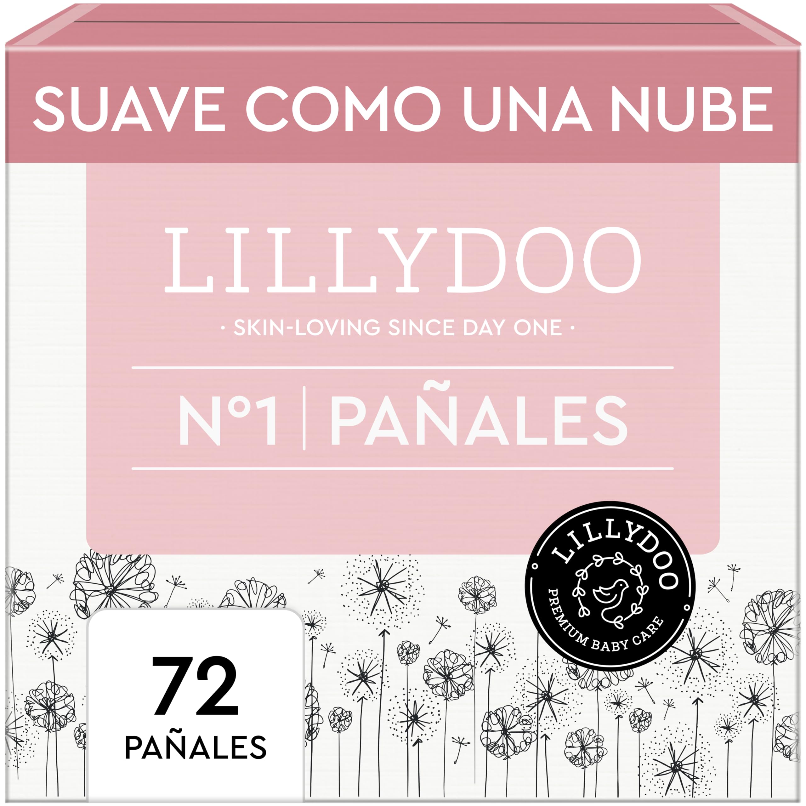 Pañales LILLYDOO delicados con la piel - talla 1 (2+ kg), caja de medio mes (72 unidades), protección contra fugas, suaves, sin perfumes ni lociones y dermatológicamente probados