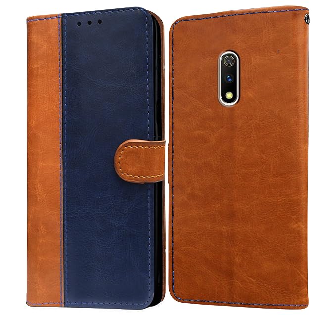 Amazon Brand - Solimo Flip Leather Mobile Cover (Soft, Flexible & Kickstand Back case) Compatible for Realme X 4G (CamelBlue)