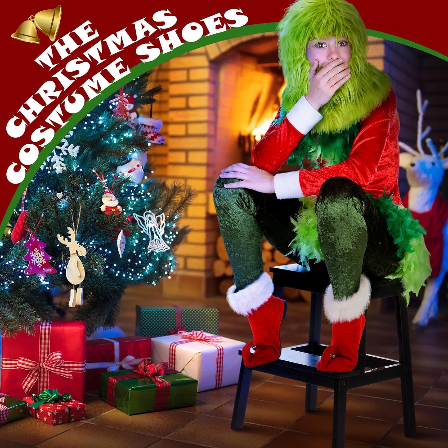 Christmas Costume Shoes Red Velvet Shoes with Jingle Bells Xmas Costume for Men or Women Holiday Party