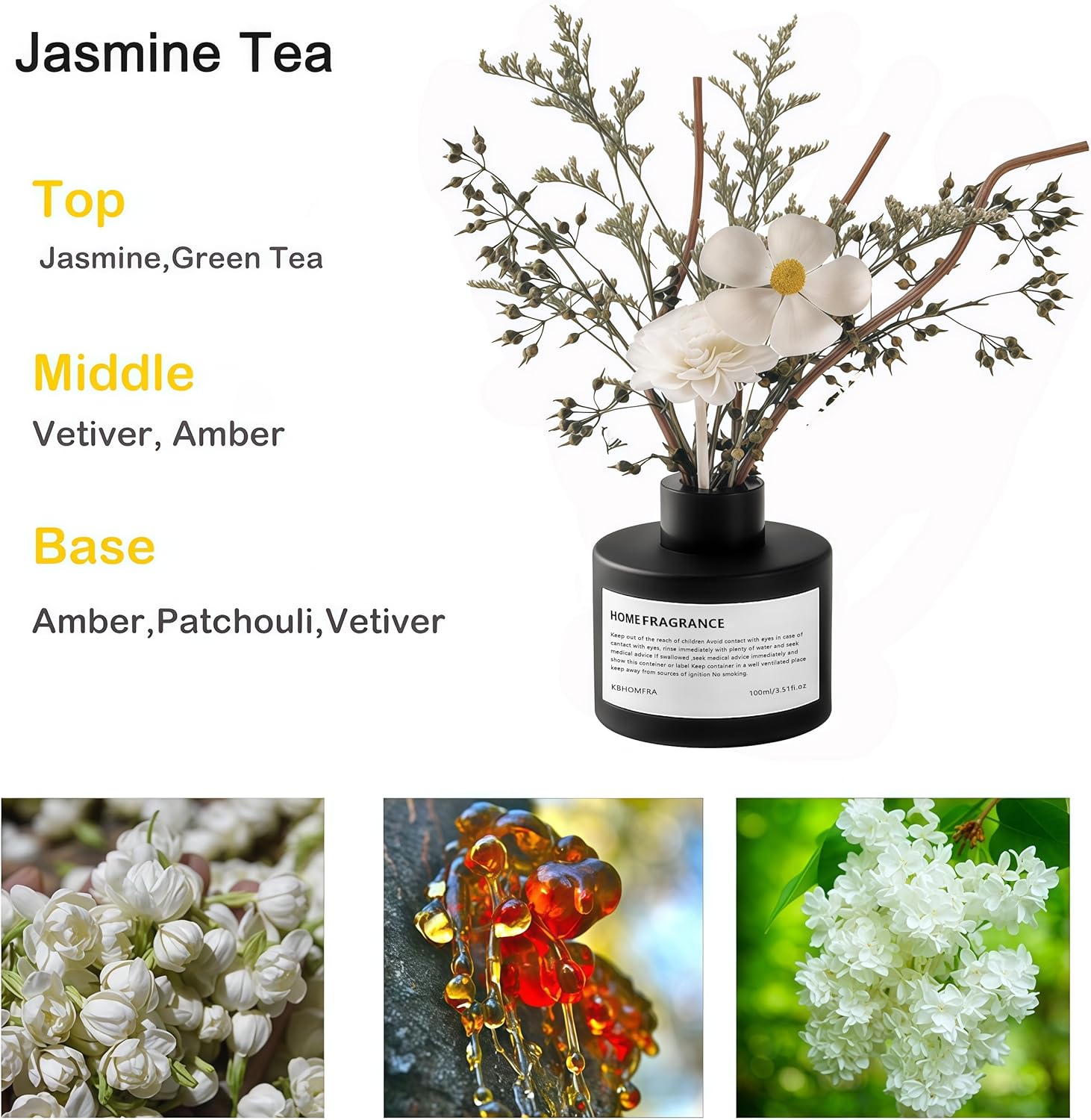 Reed Diffuser Set with Dried Flowers, 3.38fl.oz Fragrance Diffuser with Sticks, Scented Sticks Aroma Diffuser, Home & Office Décor for Air Fresheners, Bathroom (Jasmine Tea) - Image 4