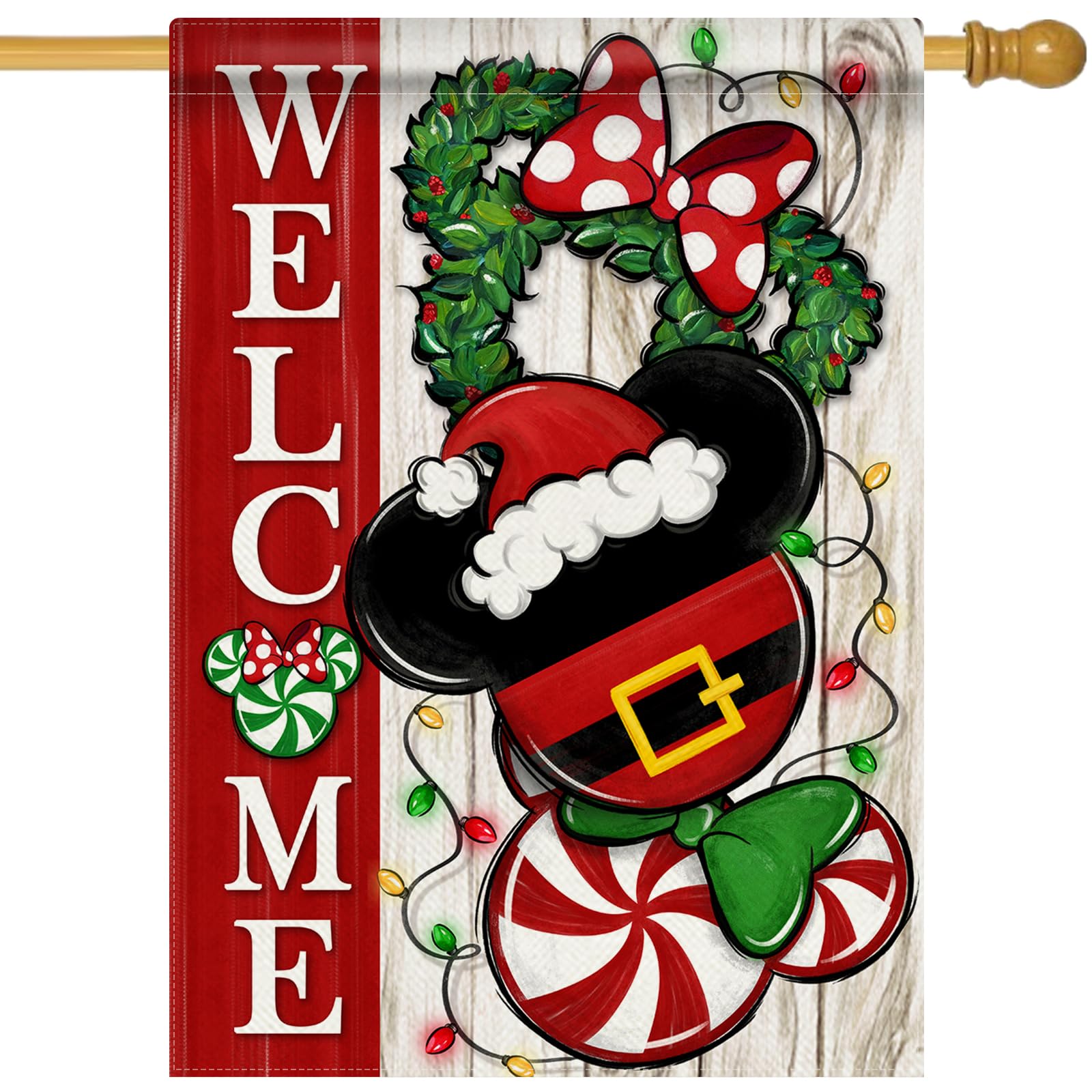 Welcome Christmas Santa Decorative House Flag, Xmas Peppermint Candy Wreath Ornament Garden Yard Outside Decorations, Winter Holiday Farmhouse Outdoor Large Home Decor Double Sided 28x40
