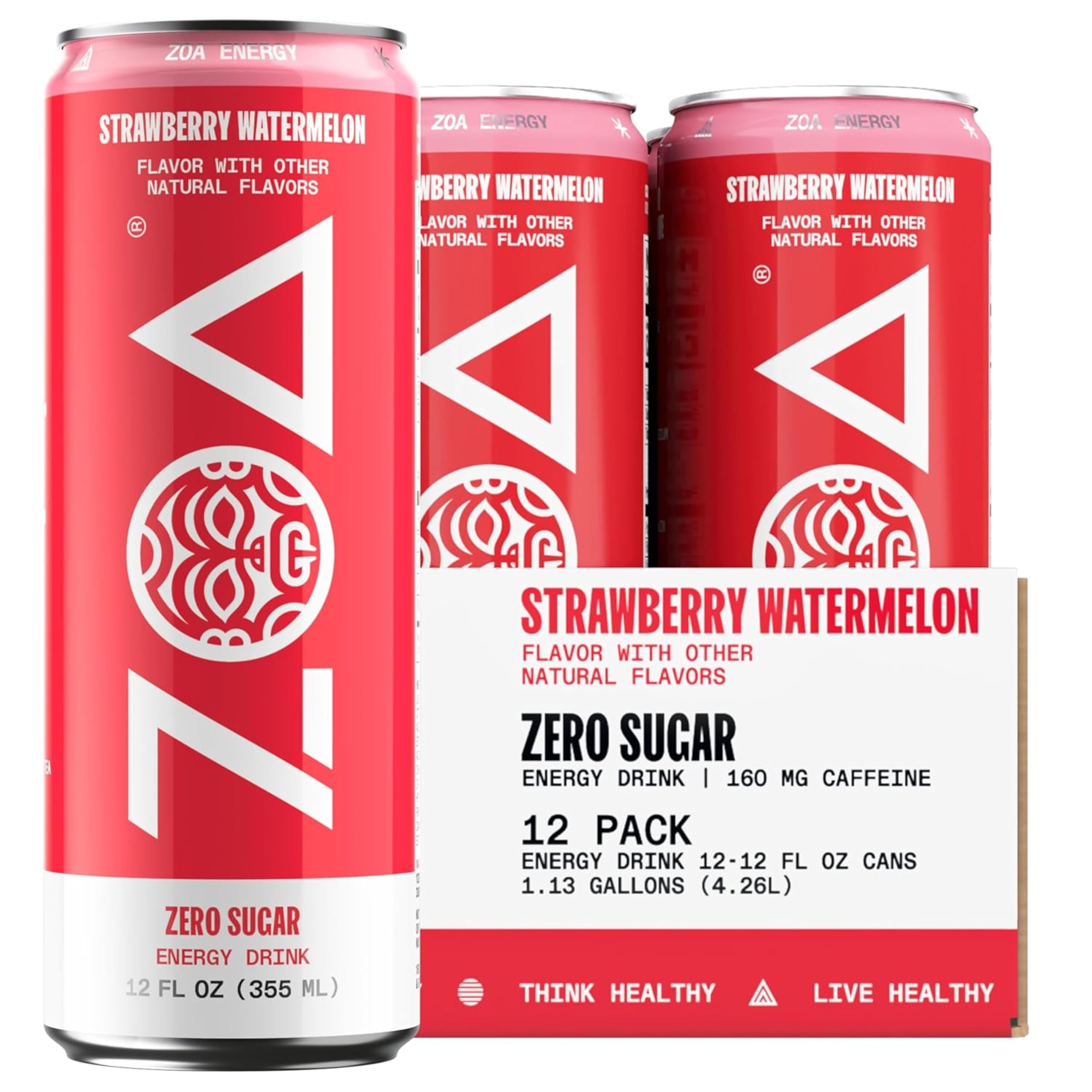 ZOA Zero Sugar Energy Drinks - Strawberry Watermelon | Healthy Energy Formula with Natural Caffeine, Daily Vitamin C, Essential B-Vitamins | Gluten-Free, Keto Friendly | 12 Ounce Cans (Pack Of 12)