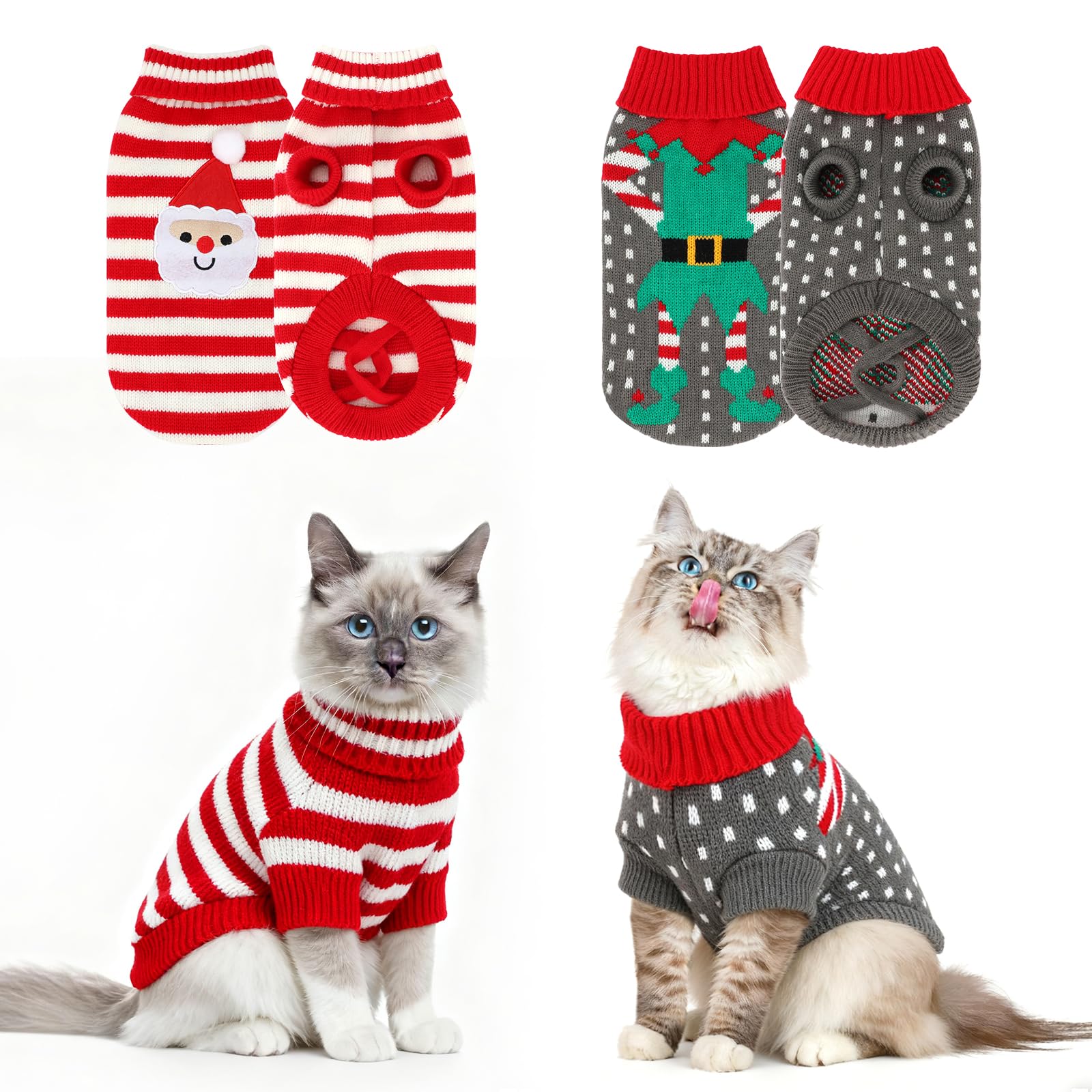 HYLYUN 2 Packs Cat Christmas Jumper Cat Xmas Jumper, Soft Warm Knitwear Cats Pullover Sweater, Christmas Santa Claus and Clown Pet Winter Warm Clothes for Kitten and Small Dogs XS โ image 1