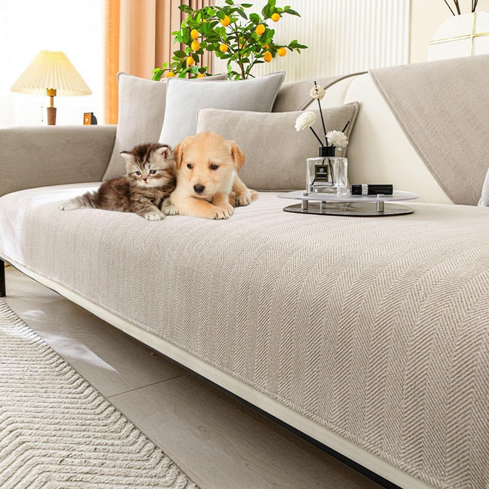 Housse de canapé en chenille gris clair 70x210cm protège-canape extensible salon