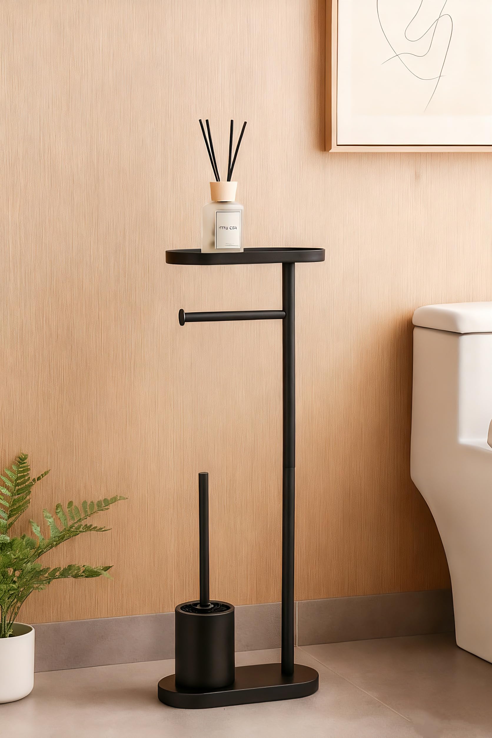 BM Portarotolo da Bagno con Scopino e Mensola in Metallo – Piantana WC 3 in 1 Nera Opaca, design moderno, supporto carta igienica con vassoio superiore, base stabile antiscivolo (Metallo)