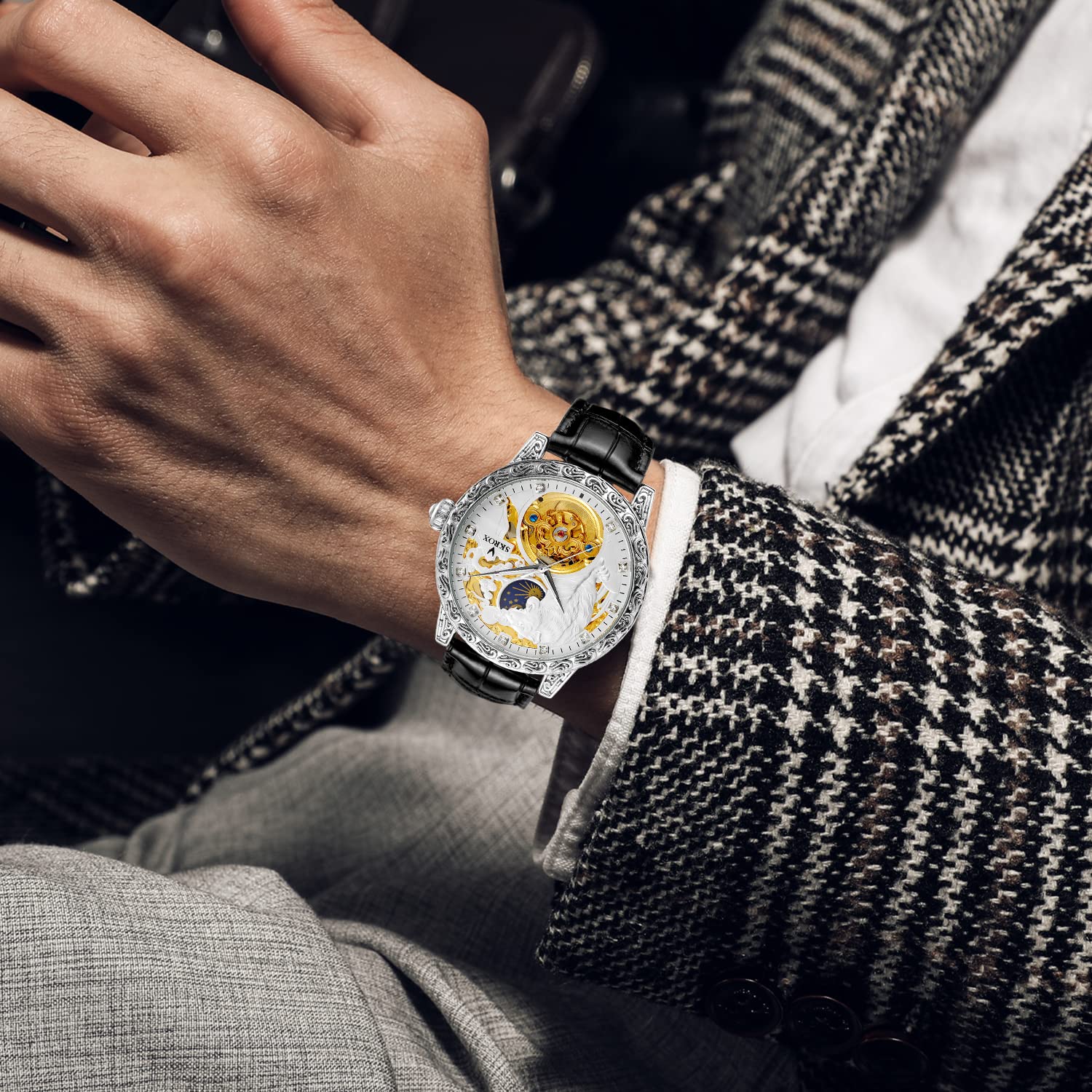 FORSINING Orologio da uomo di lusso, scheletro, fasi lunari, automatico, a carica automatica, con cinturino in vera pelle