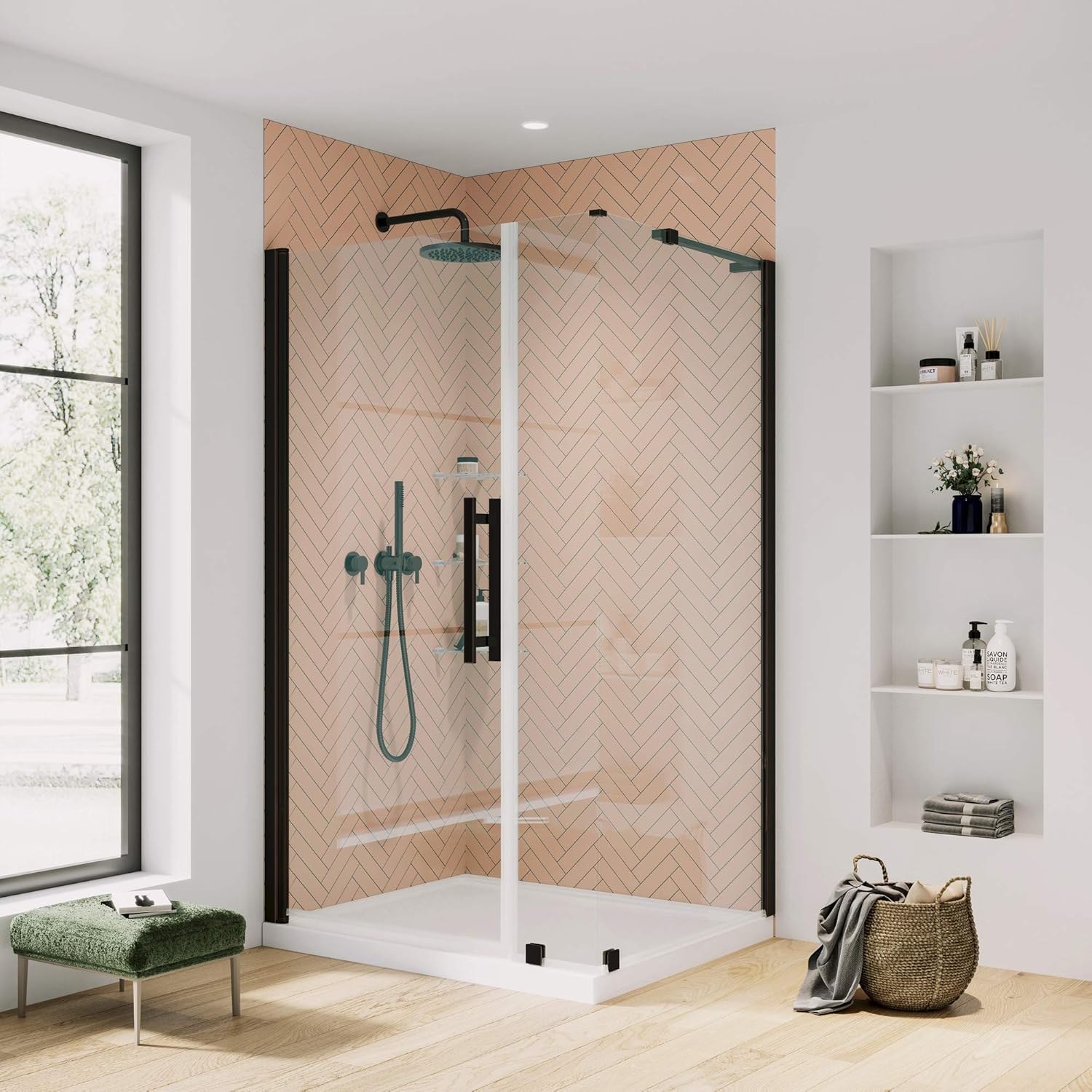 OVE Decors Endless Pasadena Corner Pivot Frameless Shower Door 38" in Oil Rubbed Bronze with Bali Base and Shelves PA05213H1