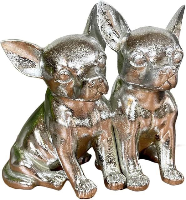 Chrome Twin Chihuahua Ornament Silver Resin Puppy Dog Pair Couple Sculpture Gift 19cm