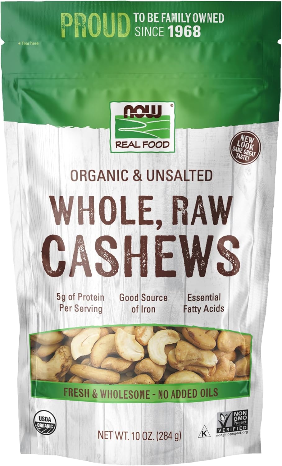 NOW Foods Organic Whole Raw Cashews, Unsalted Non-GMO, 10oz - Rich Buttery Flavor, Protein Fiber Iron Source