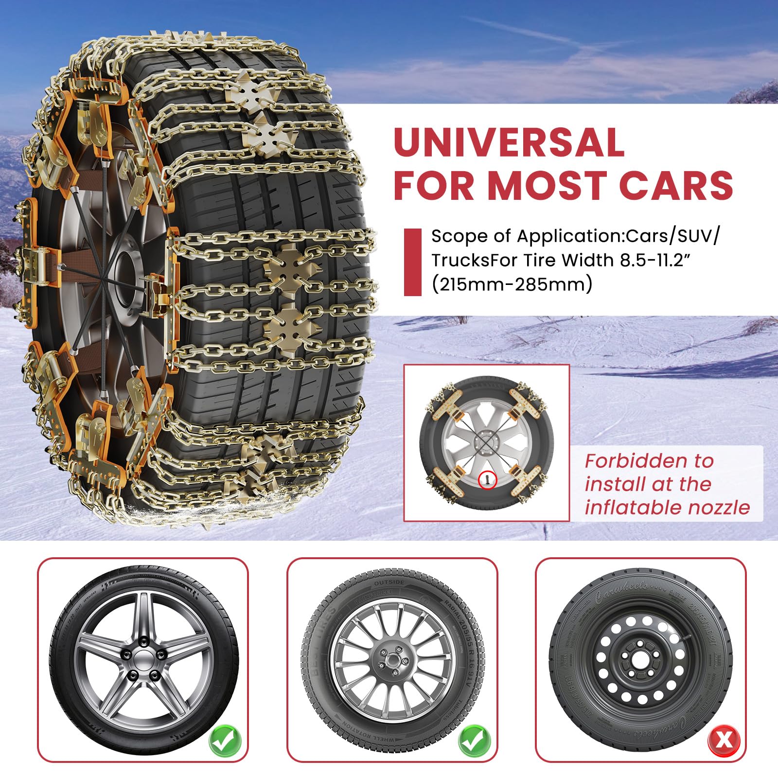 MOONCOOL Schneeketten Universal PKW, Winterketten 8 Stück(1 Satz) Leichte Montage für 215-285mm Auto Reifenbreite Anfahrhilfe Grid Design mit Handschuhe Haken Tragetasche Querseil für PKW, SUV, LKW