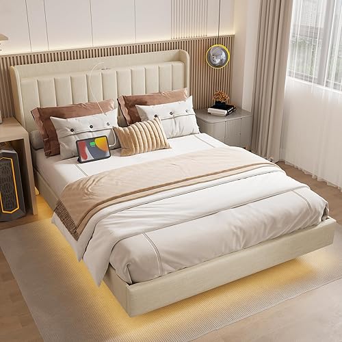 Miniatura 1 de Marco de cama tapizado tamaño Queen, marco de cama flotante con cabecera de almacenamiento con respaldo de ala, puertos tipo C y USB, luces LED,