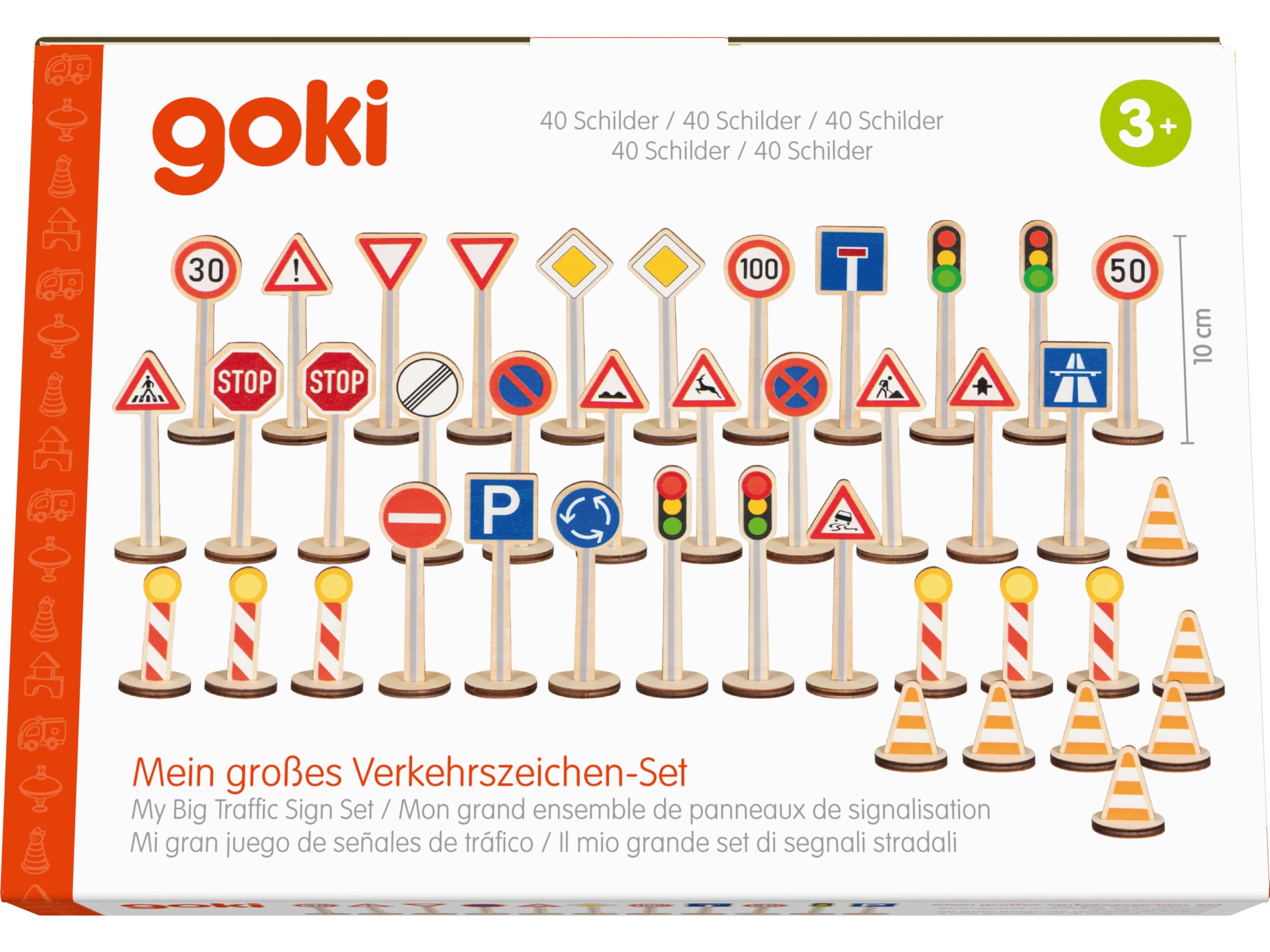goki 53761 – mój duży zestaw znaków drogowych, 40-częściowy zestaw drewnianych znaków drogowych, zabawka edukacyjna dla dzieci od 3 lat