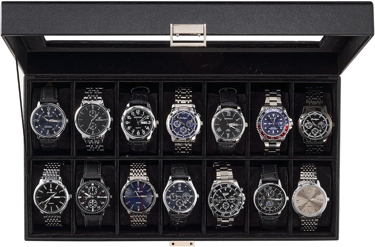 ProCase Watch Box Organizer, 14 Slot Watch Display Case, Allblack | Watches Storage Boxes Holder for Men Women, Large Glass Lid, Removable Pillows, Anniversary Christmas Birthday Gifts