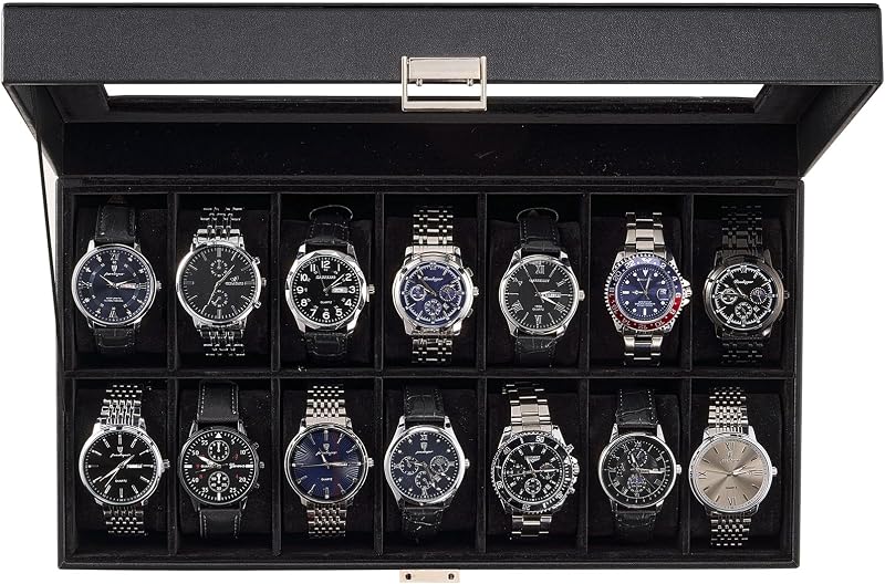 ProCase Watch Box Organizer, 14 Slot Watch Display Case, Allblack | Watches Storage Boxes Holder for Men Women, Large Glass Lid, Removable Pillows, Anniversary Christmas Birthday Gifts