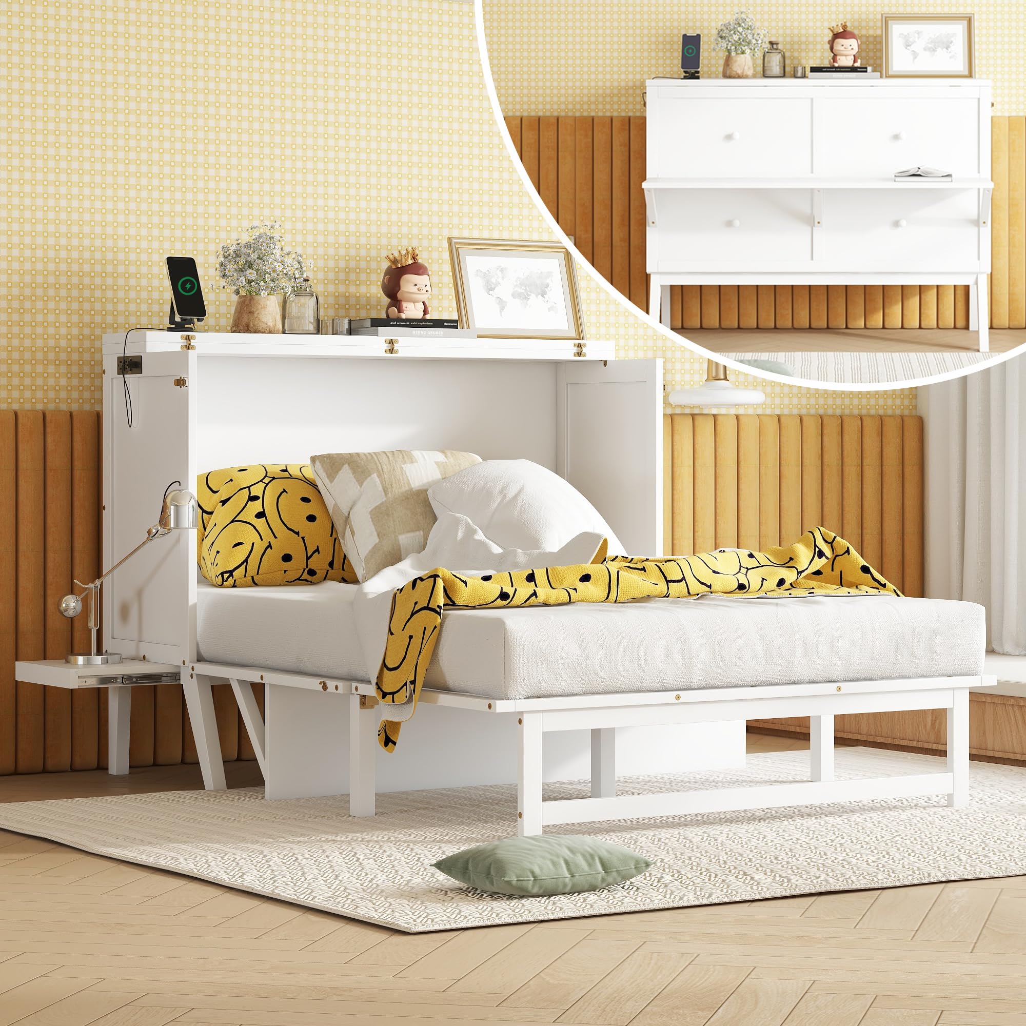 Mirightone Full Murphy Bed Cabinet with Charging Station and Removable Shelves, Solid Pine Wood Wall Chest Bed with Front Desktop for Home Office