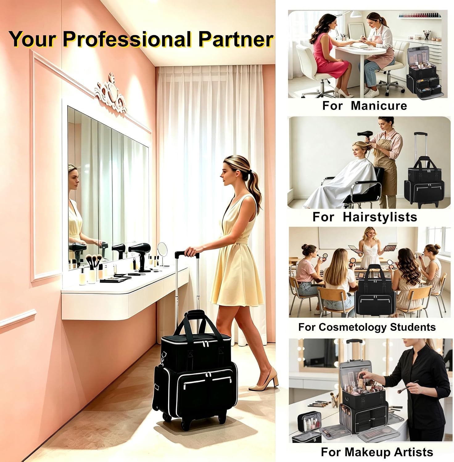 Rolling Makeup Case,Rolling Hair Tools Travel Bag with Adjustable Strap and Dividers,Professional Makeup Train Case with 4 Removable Clear Bags,with Detachable Trolley for Makeup Artists / Hairstylist