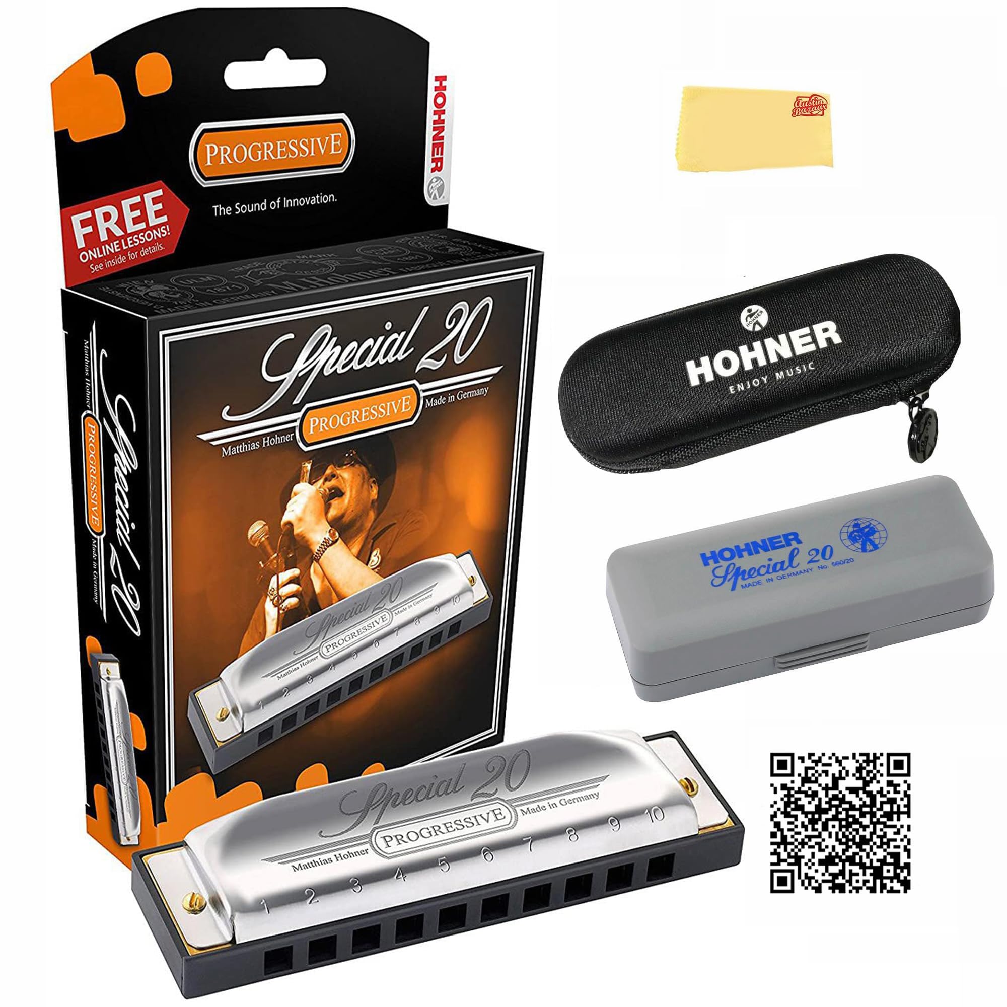 Hohner Special 20 Harmonica - Key of E Bundle with Case, Pouch, Online Manual, and Austin Bazaar Polishing Cloth
