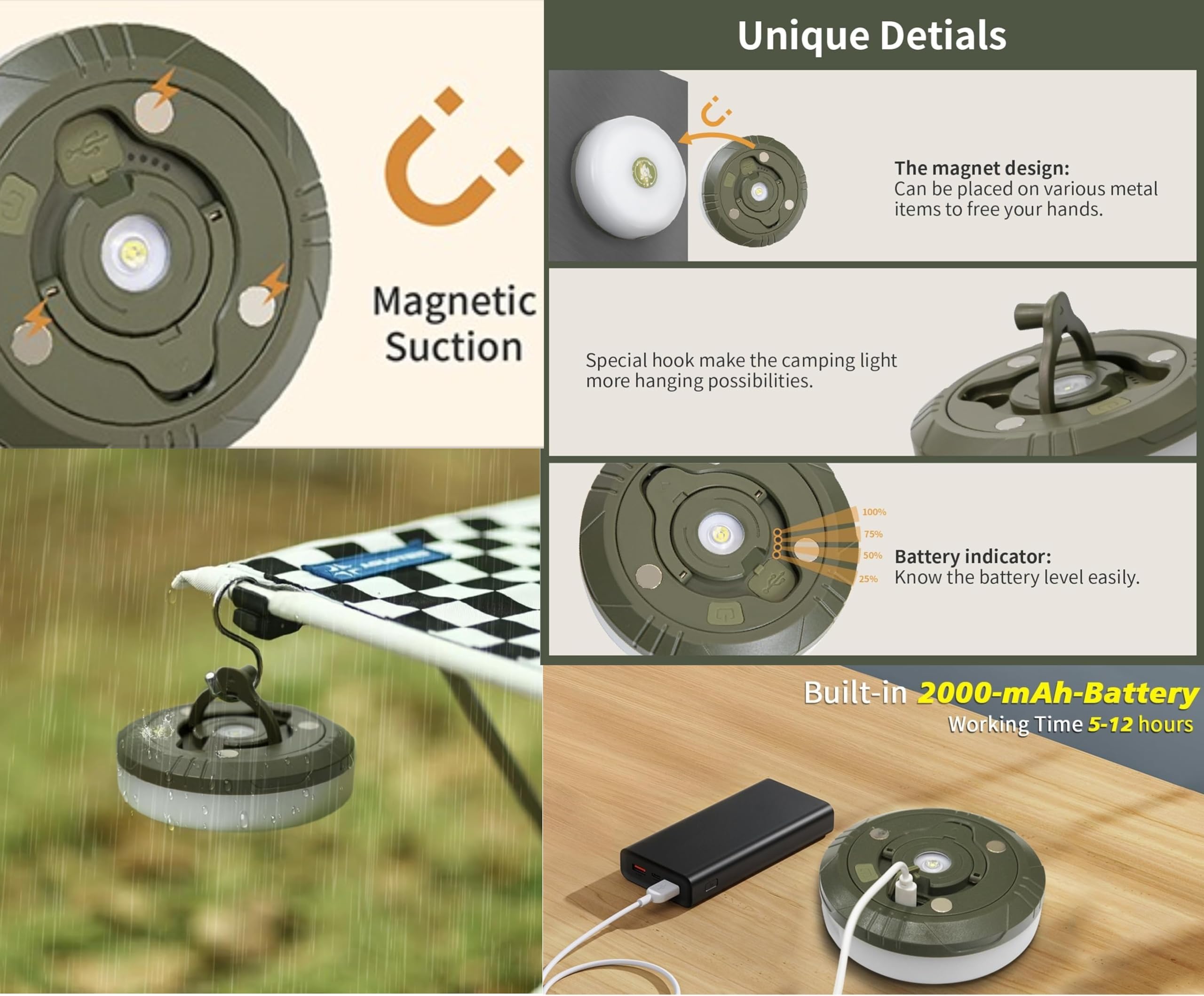 Paquete de 2 tiras de luces de camping | Luces recargables 4 en 1 de almacenamiento rápido de 32.8 pies con 8 modos | Lámpara LED impermeable colgante para patio al aire libre, jardín, fiesta