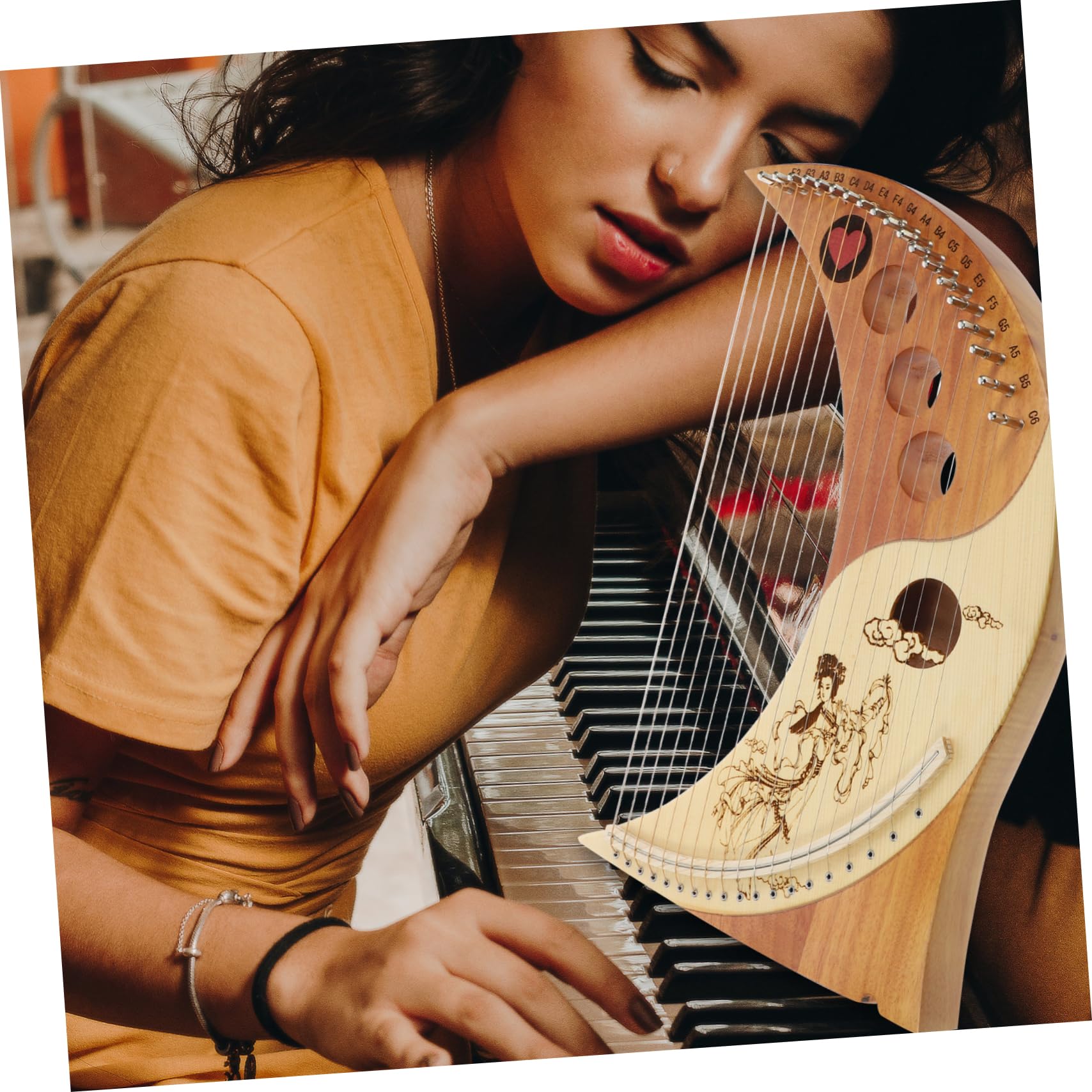 Mikinona Retro Massivholz Harfe mit 19 Metallsaiten aus Zedernholz Leicht und Tragbar für Kinder und Anfänger als Musikinstrument Zufällige Farbe