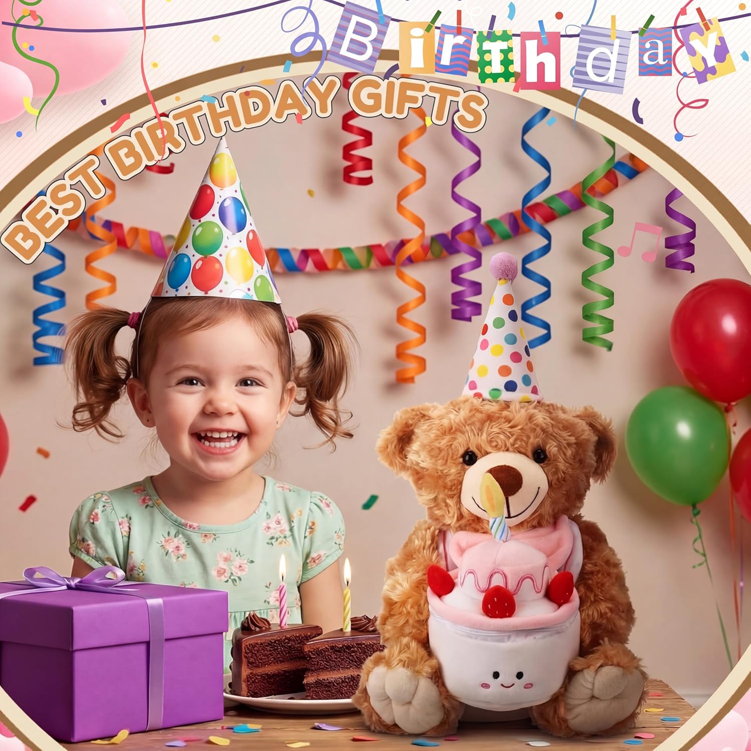 Halloscume Birthday Teddy Bear with Voice Recorder and Cake 12 Inch Musical Stuffed Animal Bear Plush Toy Recording Interactive Animated Gift for Birthday