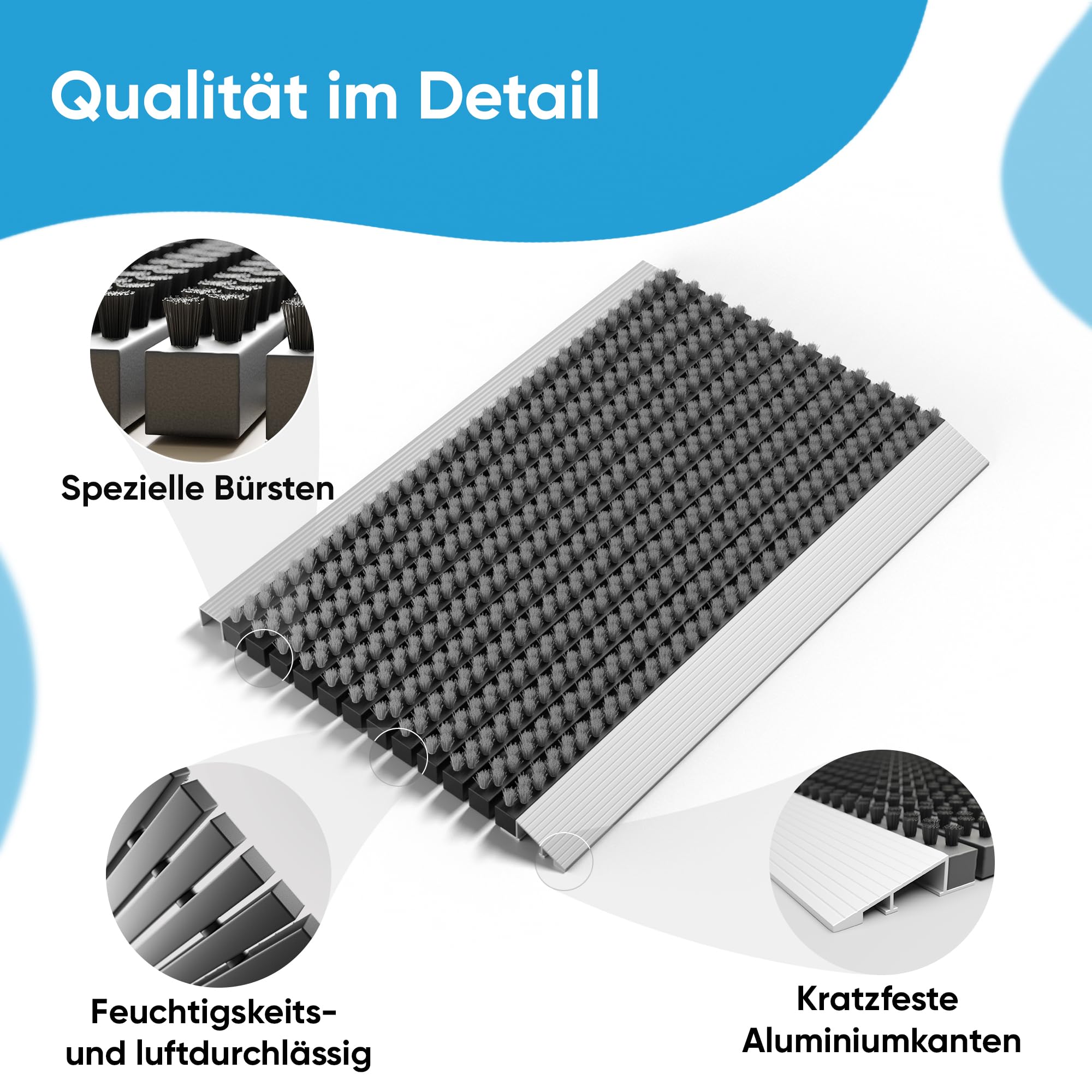 Fußmatte außen alu mit Bürsten grau, Schmutzfangmatte 40 x 60 cm, Fußmatte Aussenbereich, Aluminium Türmatte außen, Fußabtreter außen, Schuhabstreifer Hauseingang, Bürstenmatte outdoor, Abtreter