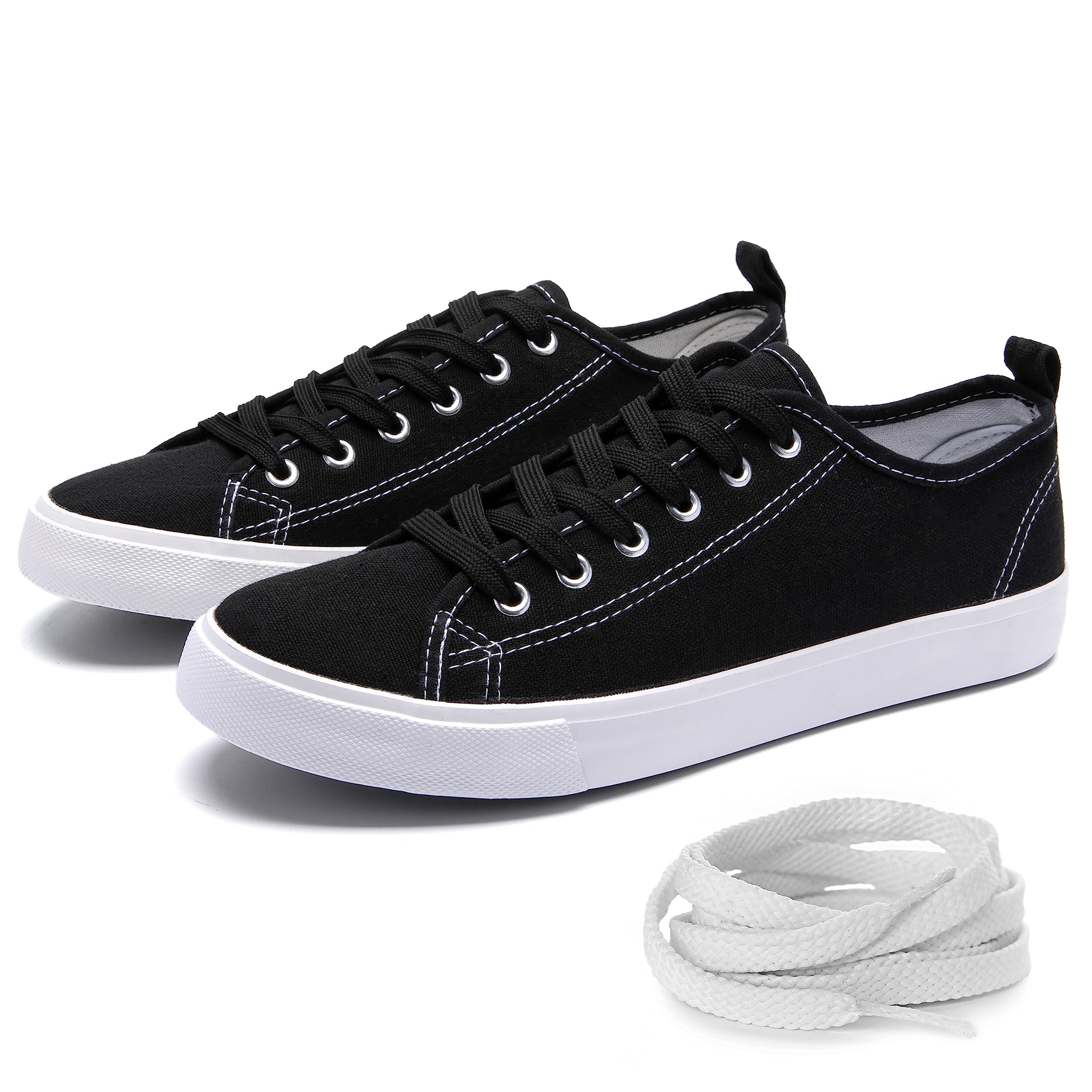 The Fashion Supply Canvas Shoes for Women, Casual Low Top Lace-Up Womens Shoes Sneakers, Extra Laces (Black White, 8)