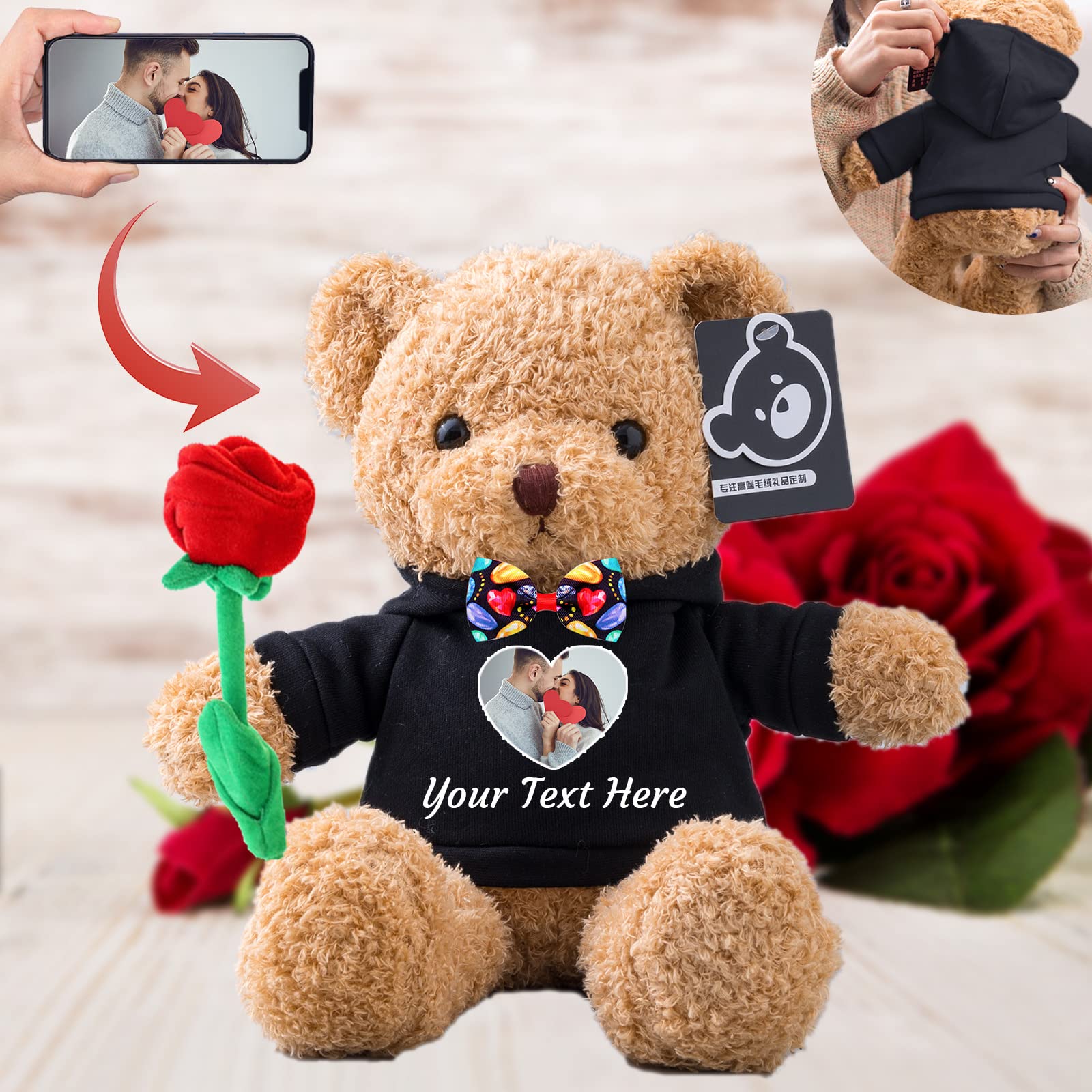 Personalised Teddy Bear with Photo & Text, Stuffed Animal with Rose & Bow - Perfect 'I'm Sorry' Gift for Her on Valentine, Anniversary or Birthday (12-IN-Hoodie Black)