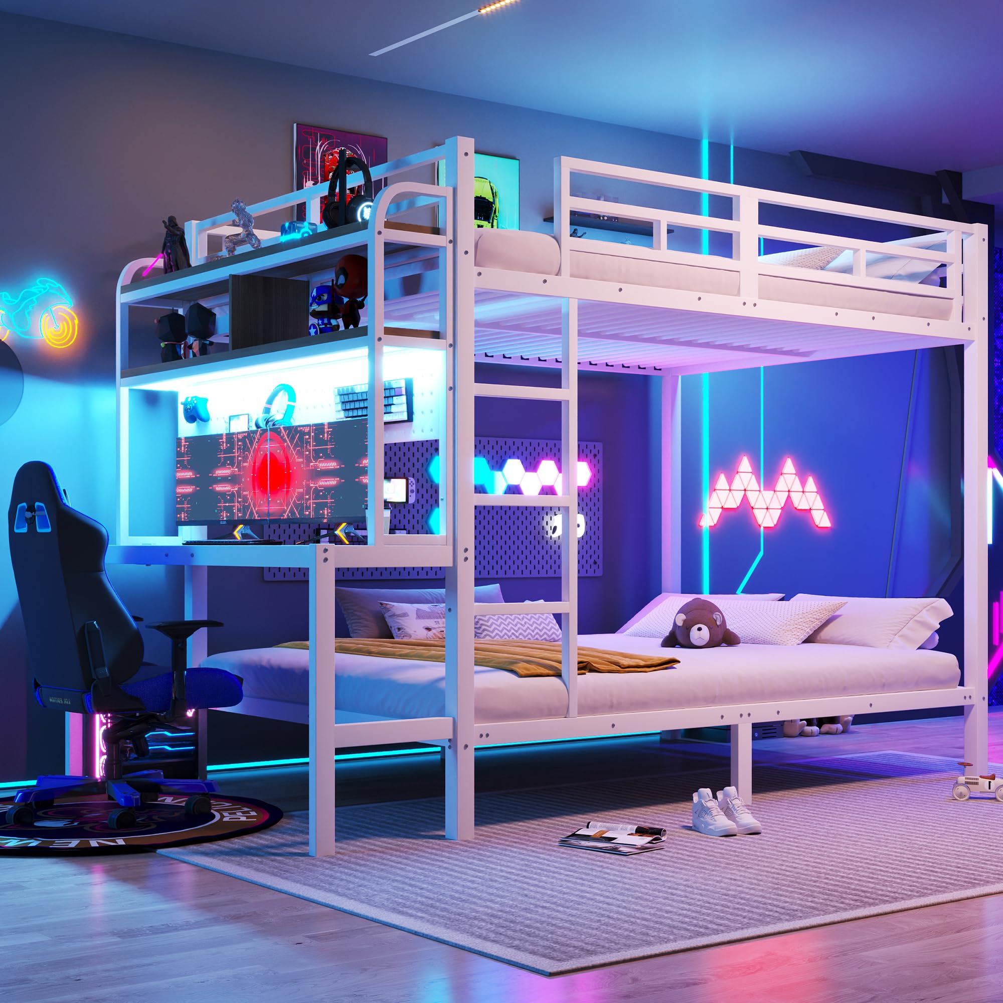 Zepneiy Lit Enfant avec Barre Lumineuse LED et Port USB, Lit Superposé Enfant 140x200 avec échelle de sécurité et Compartiment de Rangement, Cadre de en Fer Blanc(sans Matelas)