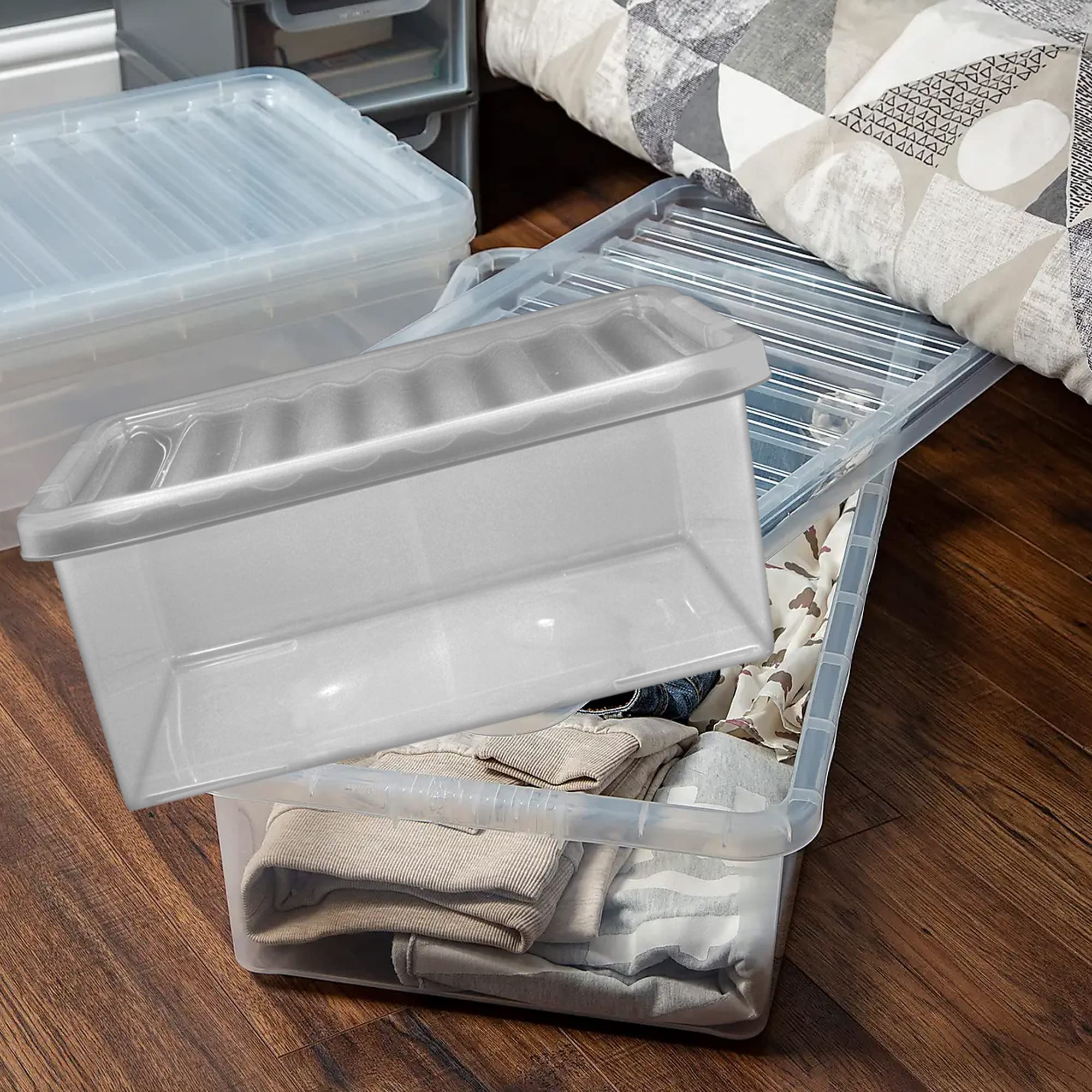 STORM TRADING GROUP 32 Litre Large Underbed Clear Plastic Storage Box Strong Stackable Container With Lids (2)