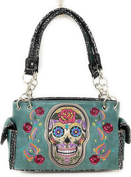 Western Women's Fashion Sugar Skull Embroidery Handbag Purse in 6 Colors