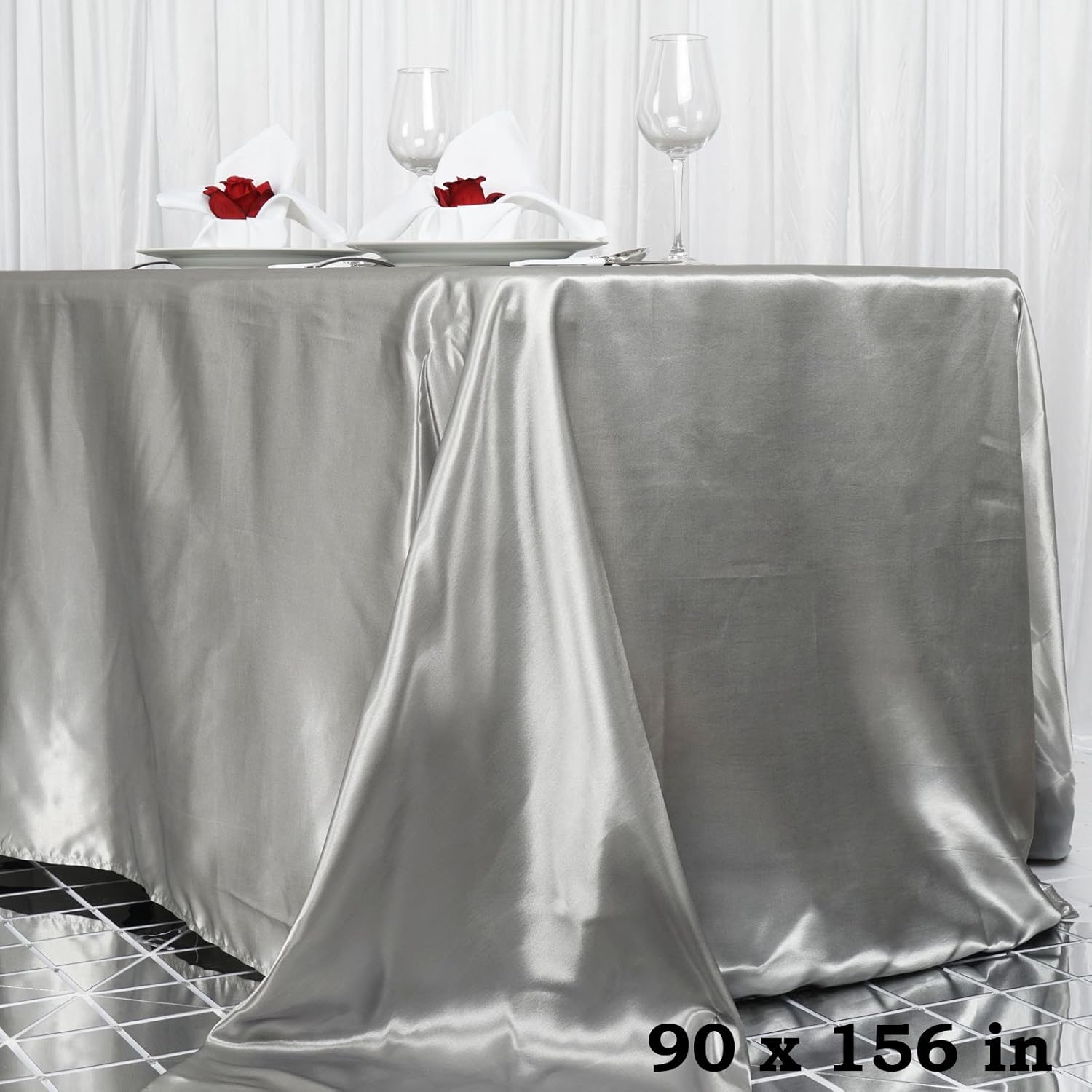 TABLECLOTHSFACTORY Silver 90x156 Rectangle Satin Tablecloth