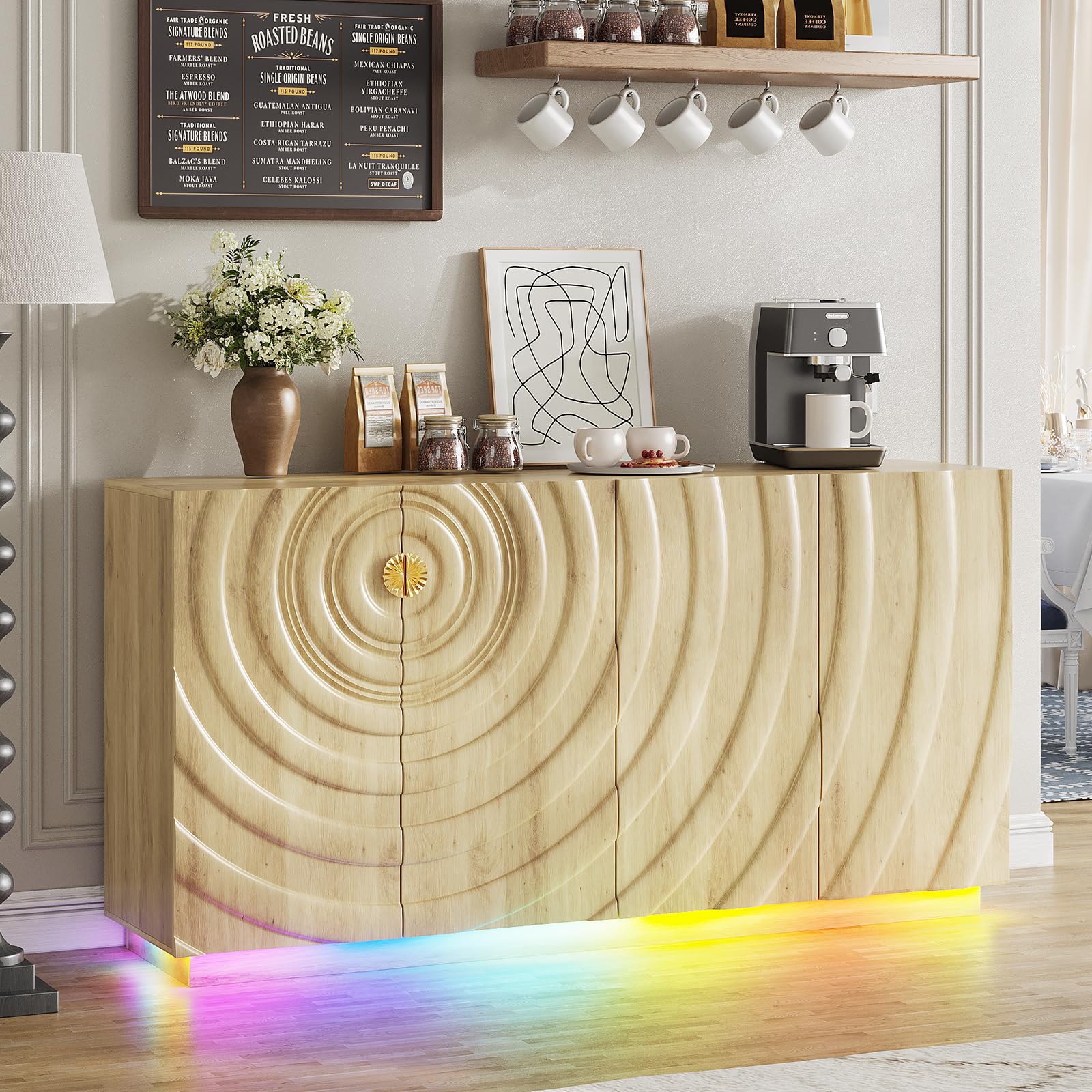 LVSOMT 63" Sideboard Buffet Cabinet with Storage, Large Coffee bar Cabinet with RGB Lights and Power Outlet, Modern Console with 4 Doors for Kitchen