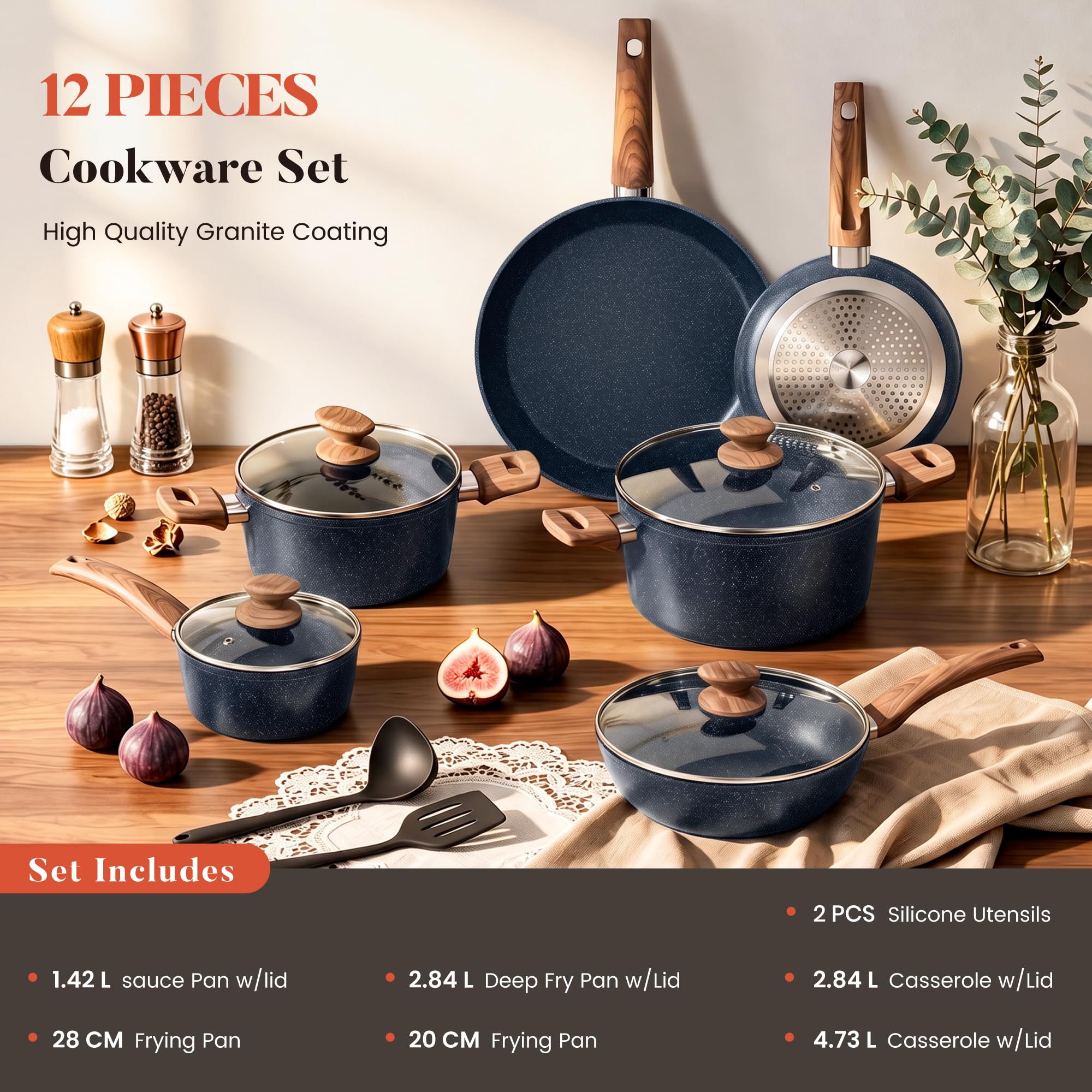 Kitchen Academy Batterie Cuisine Induction 12 Pièces de Casserole et Poêle | Antiadhésive en Granite Batterie de Cuisine Tout Feux, 100% Sain et Sans PFOA ni PFOS, Facile à Nettoyer