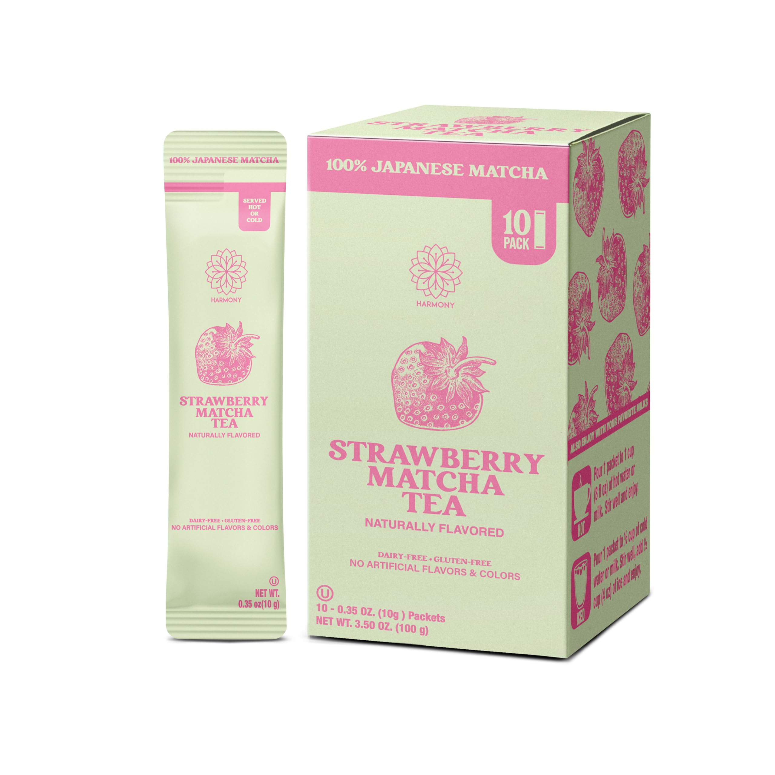 The Harmony Matcha Strawberry 10 Sticks Premium Japanese Matcha Powder Rich in Antioxidants L-Theanine Sweetened with Organic Sugar