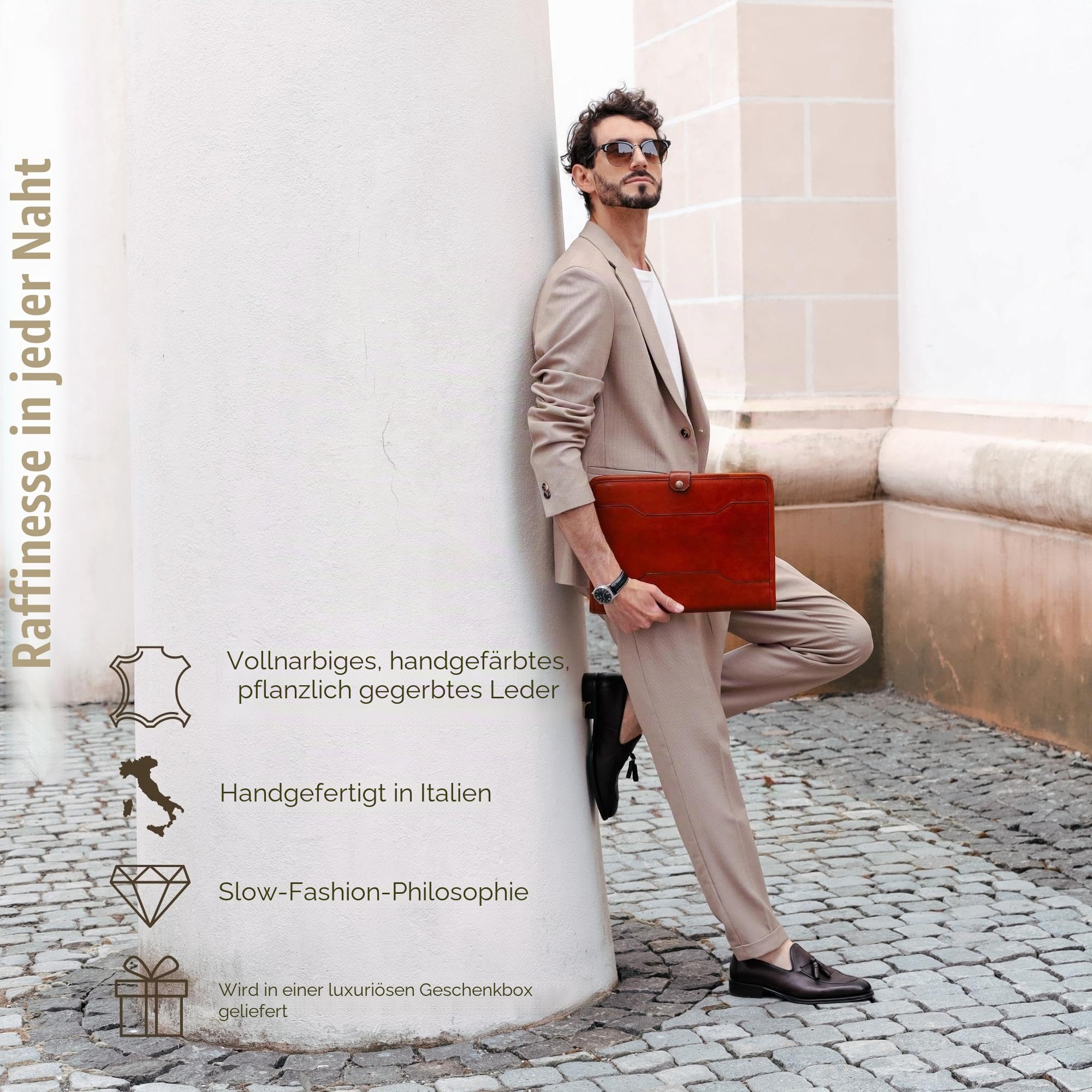 Time Resistance Schreibmappe A4 aus Leder - Konferenzmappe Herren - Organizer Mappe - Aktenmappe (Amber)
