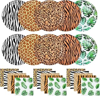 YYBD 100Pcs Jungle Safari Wild Animal Party Supplies Disposable Jungle Zoo Animal Print Paper Plates and Napkins Forest Animals Dessert Plates for Leopard Zebra Baby Shower Birthday Theme Decorations