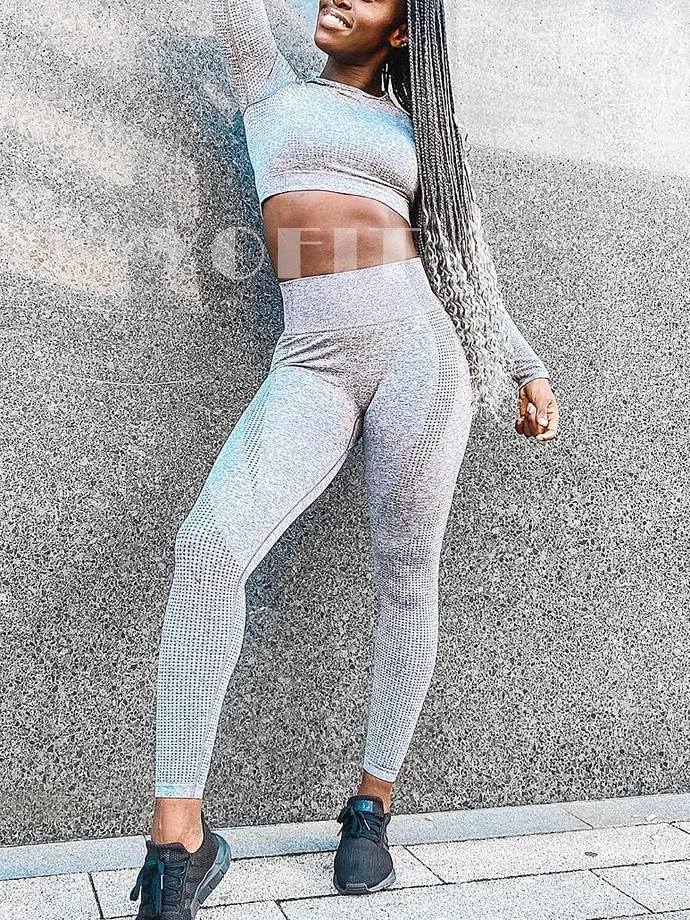 YOFIT Women's Workout Outfit 2 Pieces Seamless High Waist Yoga Leggings with Long Sleeve Crop Top Gym Clothes Set - Image 6