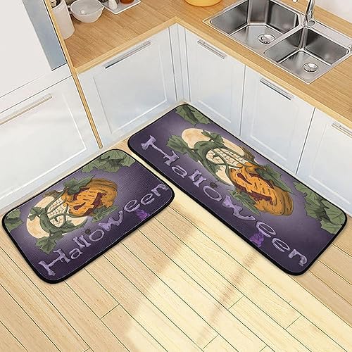 Miniatura 2 de Divertidos tapetes de cocina con diseño de calabaza y luna, tapete de pasillo de Halloween, lavable, antideslizante, protector de suelo decorativo