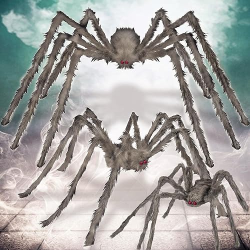Araña marrón gigante de Halloween, paquete de 3 arañas peludas realistas de 5 pies 4 pies 3.2 pies para decoración de Halloween, interiores y
