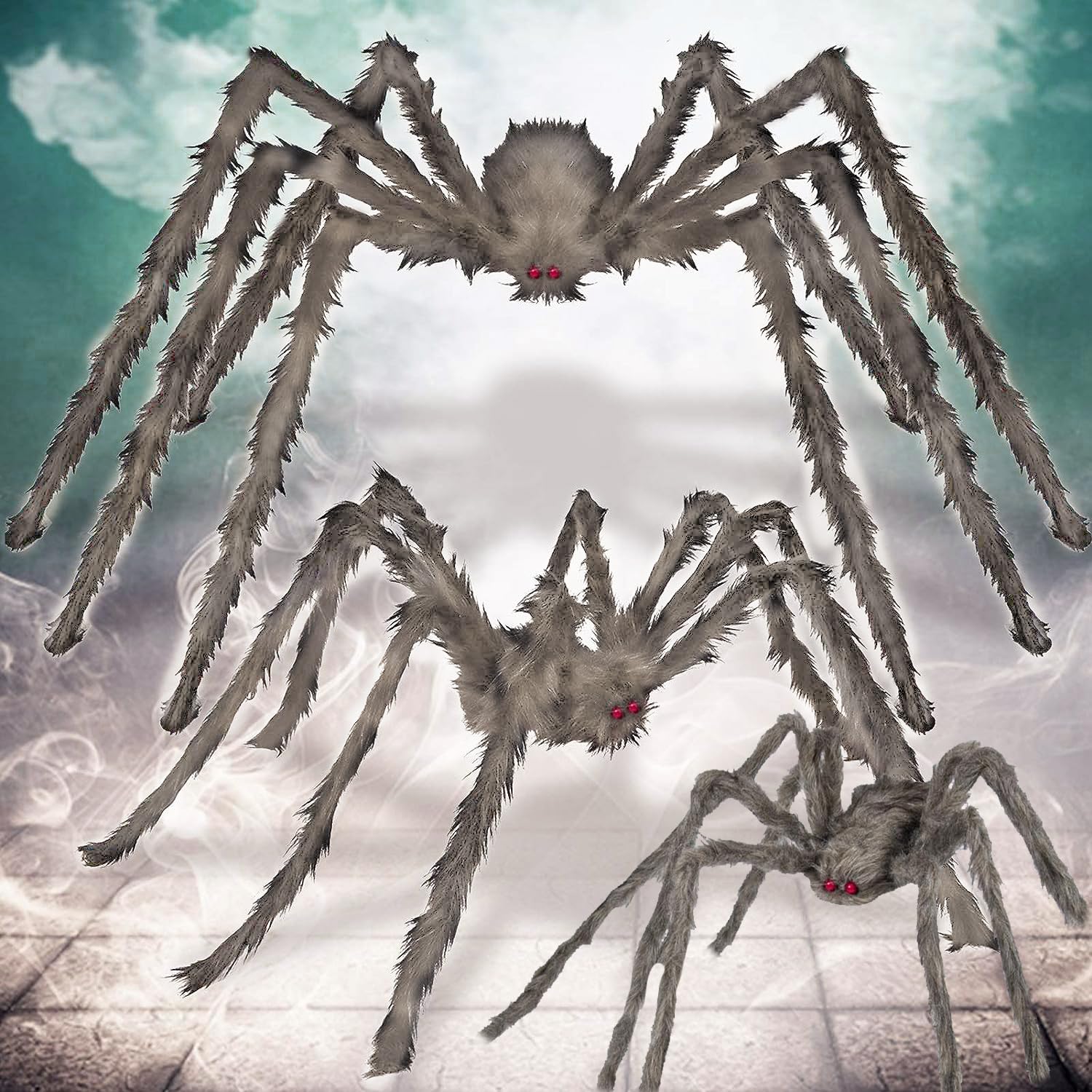 Halloween Giant Brown Spider 3 Pack 5Ft 4Ft 3.2Ft Realistic Large Scary Hairy Spiders Sets for Halloween Decorations Indoor Outdoor and Yard Creepy Decor