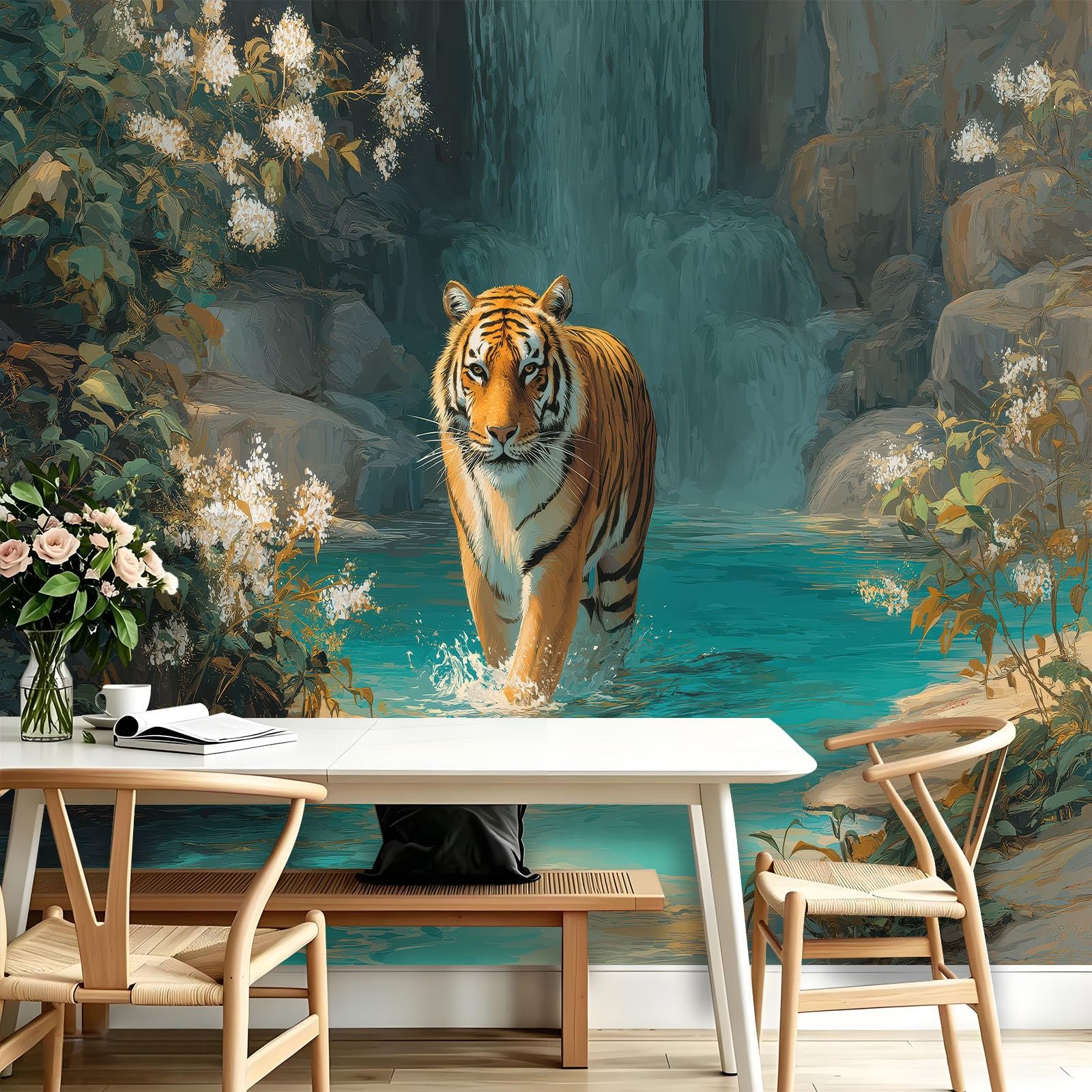 Générique Tapeta z włókniny z naturalnego kwiatu dżungli, 200 x 140 cm, tapeta z motywem zwierzęcia 3D tygrys panoramiczny obraz, łatwa do zainstalowania dekoracja ścienna do salonu, sypialni, kuchni
