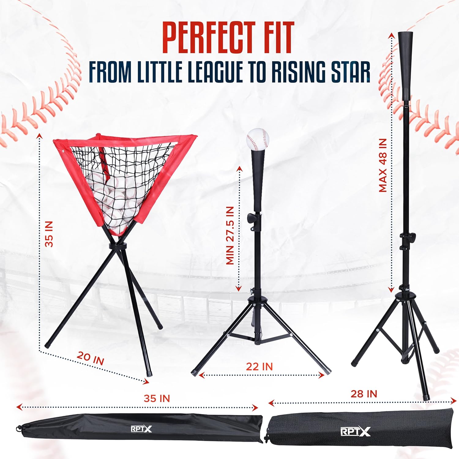 Batting Tee & Ball Caddy Bundle | Baseball & Softball | Height Adjustable | Portable Tee with Carrying Bag | Tee-Ball Practice | 6 Baseballs | Baseball Caddy