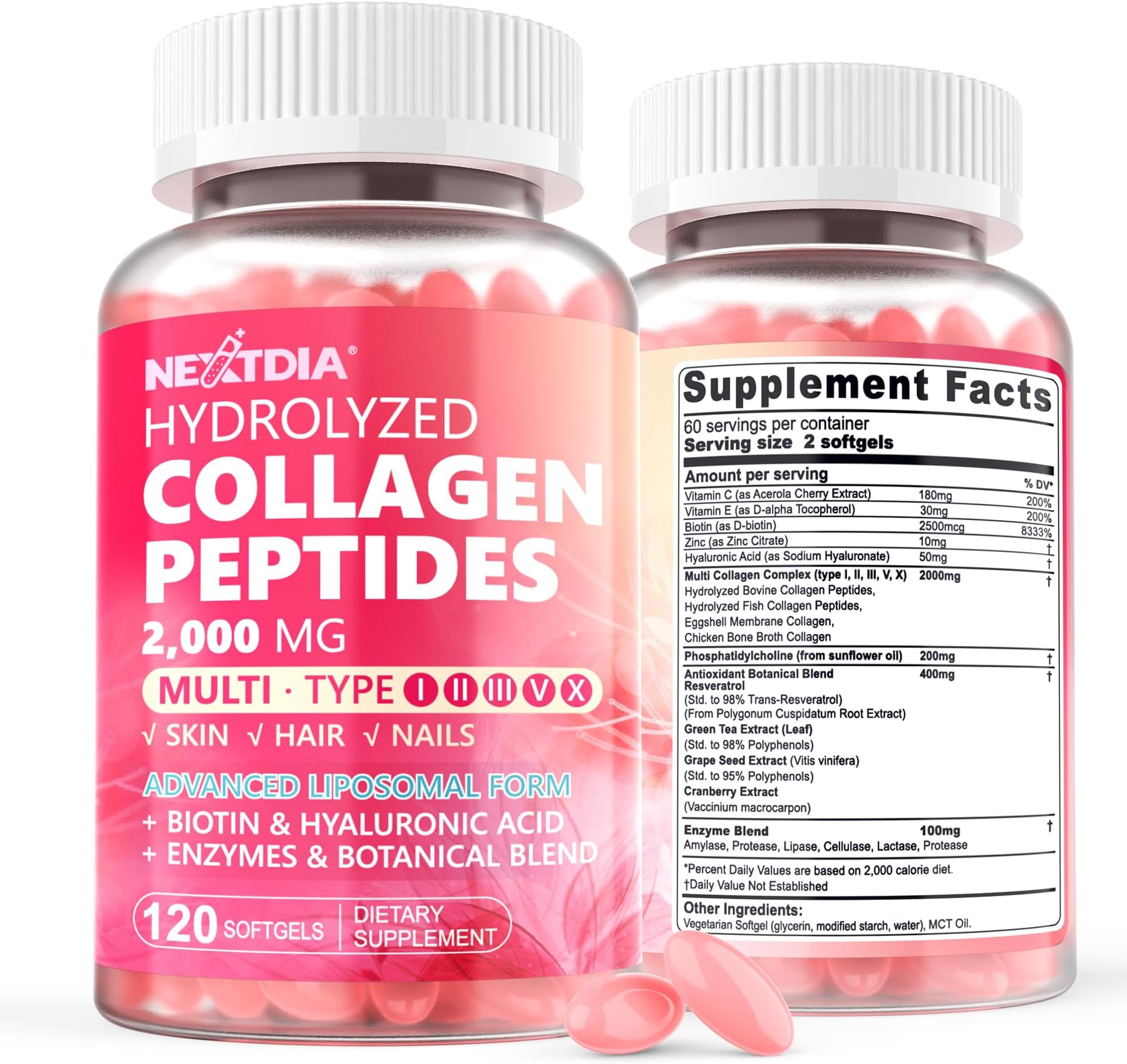 2 Pack Liposomal Collagen Peptides Pills for Women 2000mg, Multi Hydrolyzed Collagen Type I, II, III, V, X with 2500mcg Biotin - Collagen Supplements Softgels with Hair, Skin & Nails Vitamins, 240 Cts